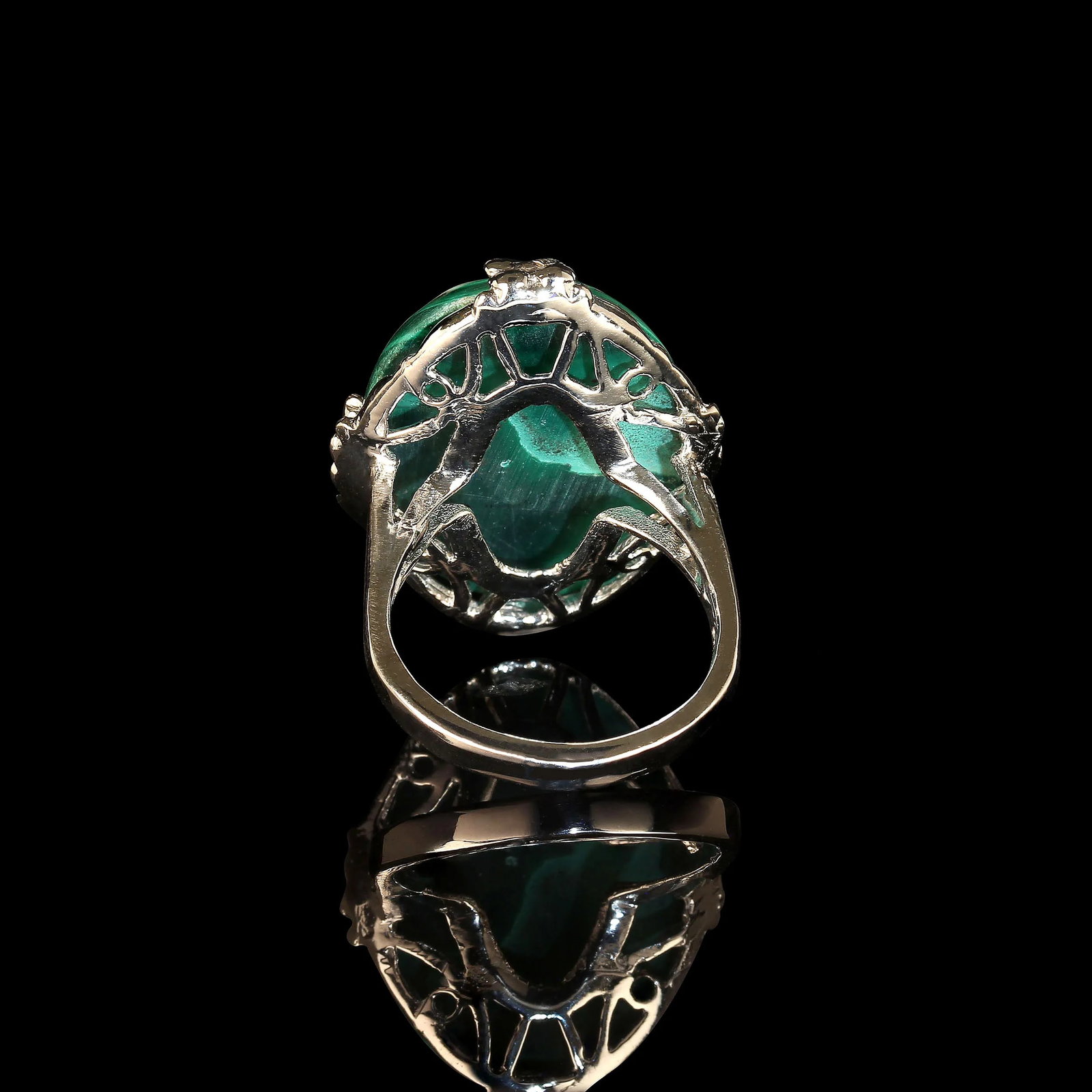 Oval Malachite Cabochon in Handmade 14k White Gold Ring - 5
