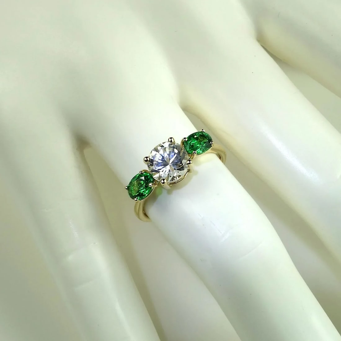 White Sapphire and Green Tsavorite 14k Yellow Gold Cocktail Ring - 10