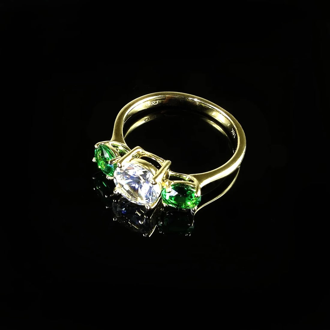 White Sapphire and Green Tsavorite 14k Yellow Gold Cocktail Ring - 2