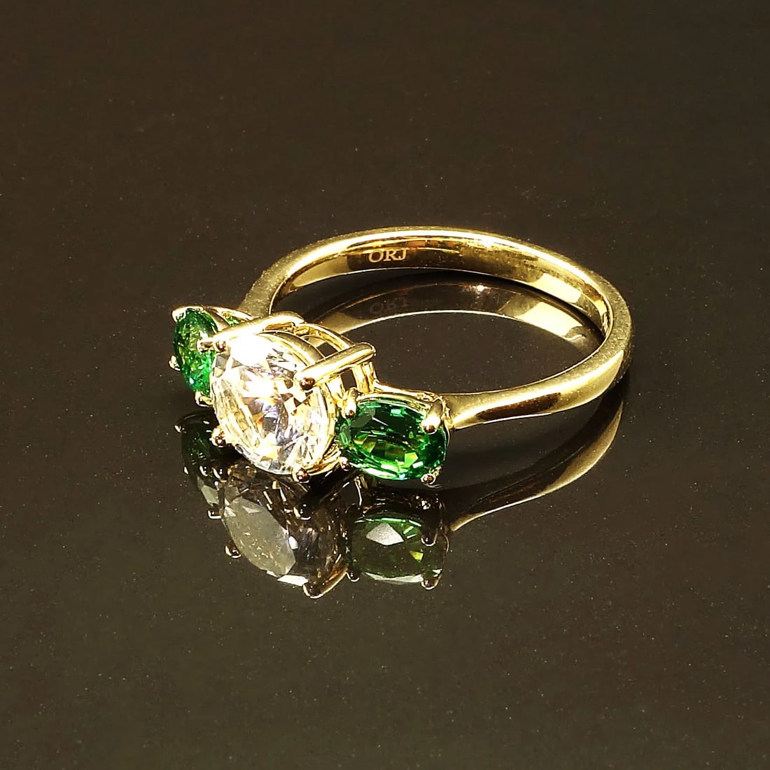 White Sapphire and Green Tsavorite 14k Yellow Gold Cocktail Ring - 6