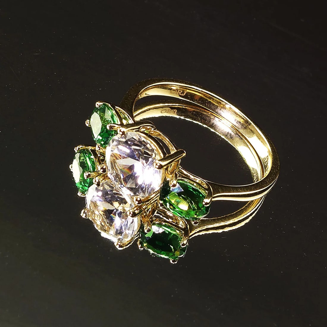 White Sapphire and Green Tsavorite 14k Yellow Gold Cocktail Ring - 7