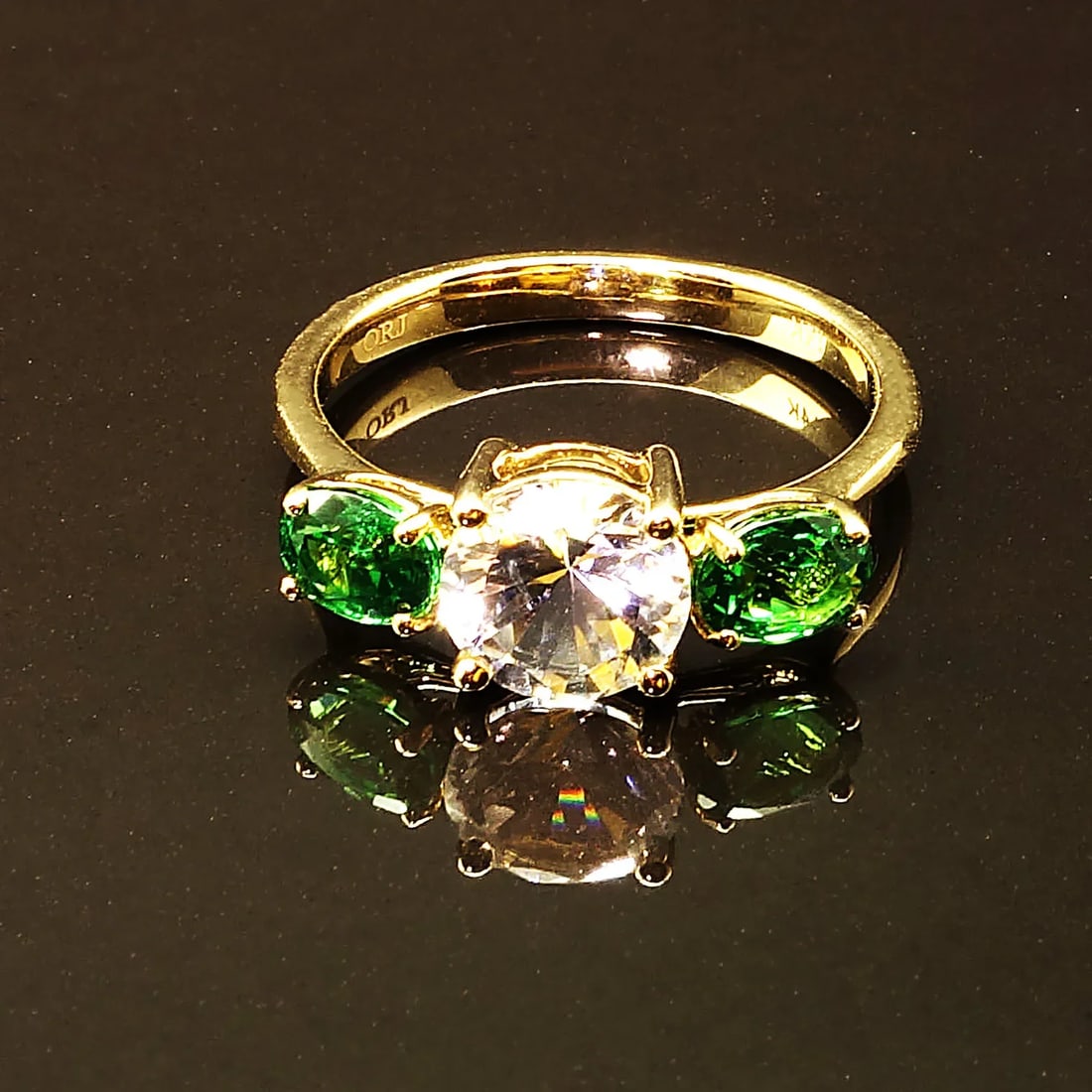 White Sapphire and Green Tsavorite 14k Yellow Gold Cocktail Ring - 8