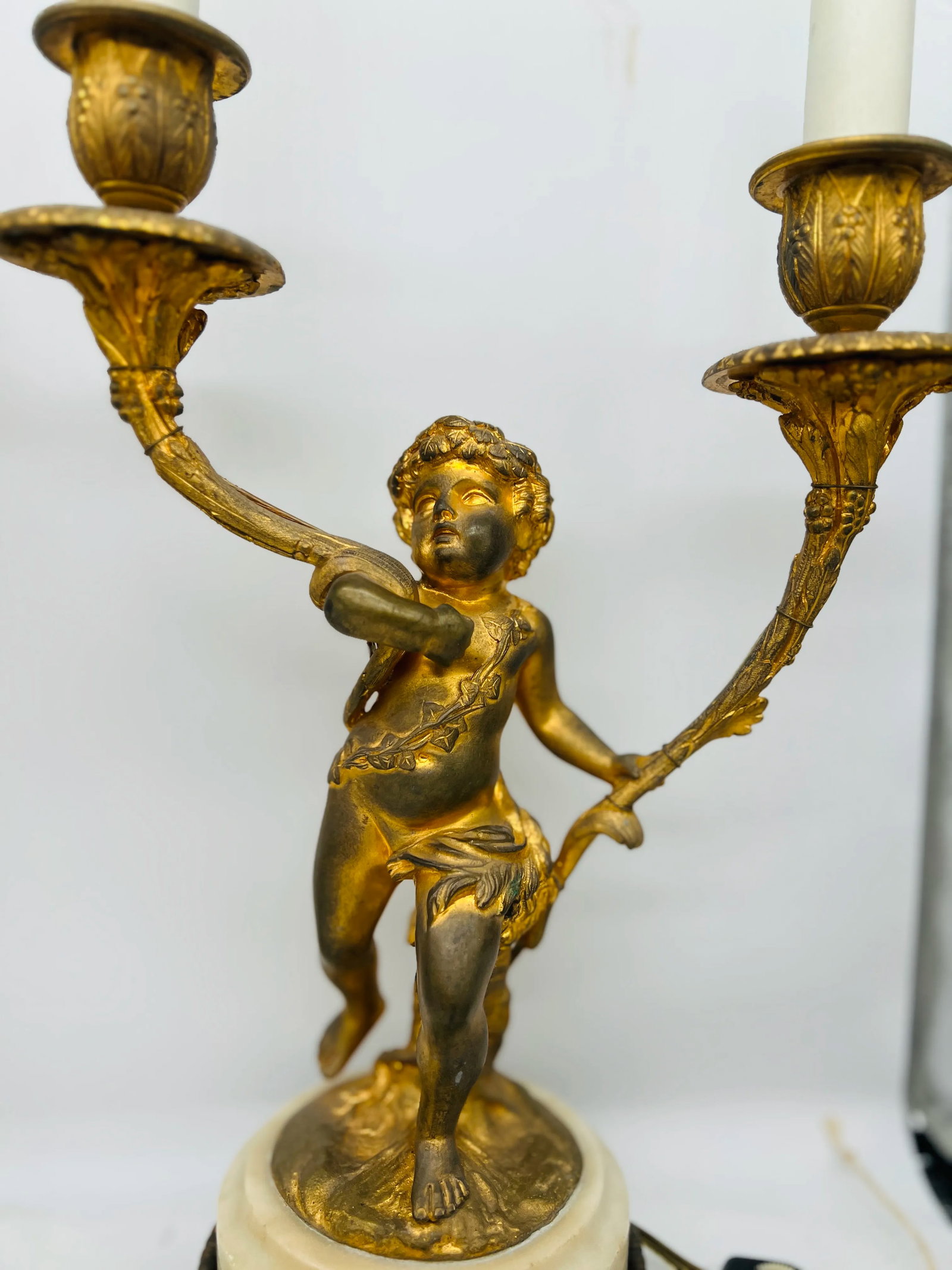 Pair, Gilt Bronze Louis XVI Style 19th Century Putti Candlestick Lamps - 3