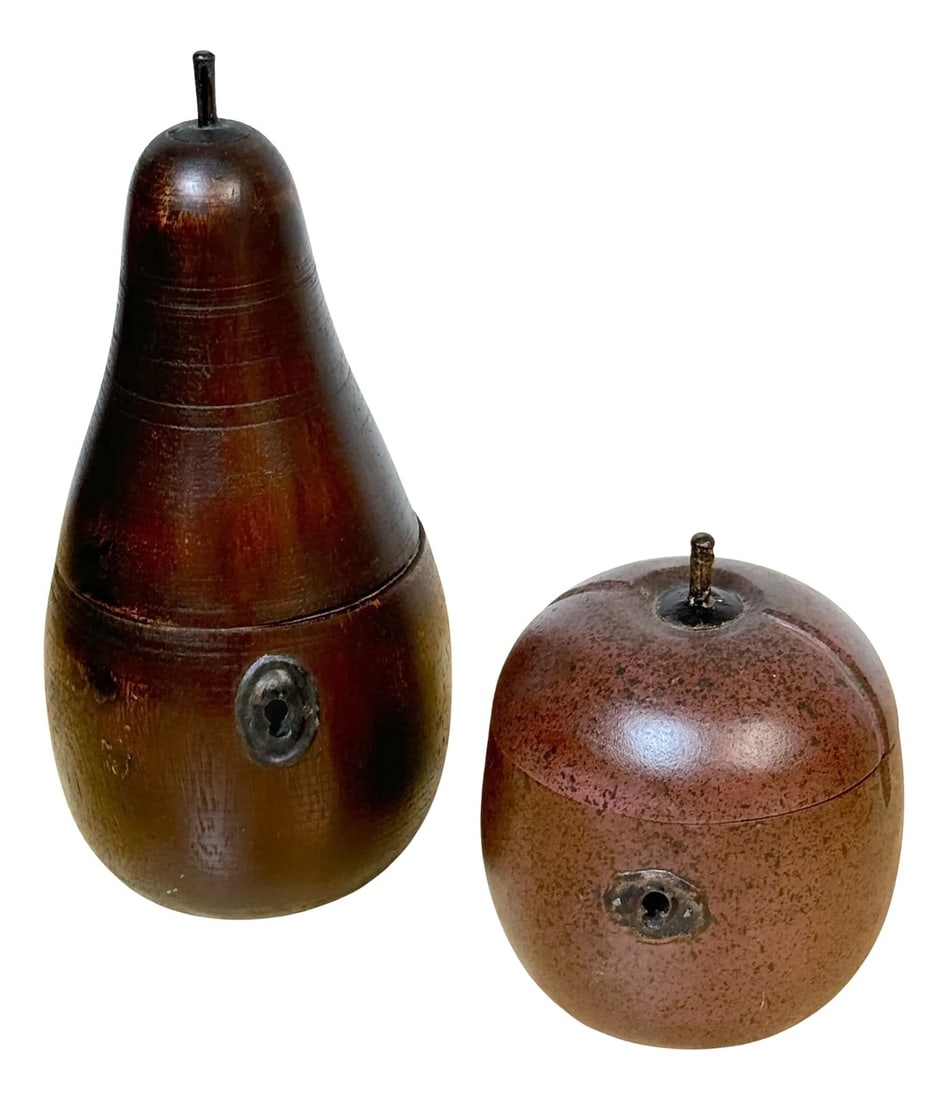 Two 20th C English Style Polychromed Carved Wood Apple & Pear Boxes/Tea Caddies - a Pair: Two 20th Century English Style Polychromed Carved Wood Apple Boxes/Tea Caddies A pair of exquisite 20th-century English-style polychromed carved wood boxes, one apple-shaped and the other pear-shaped,