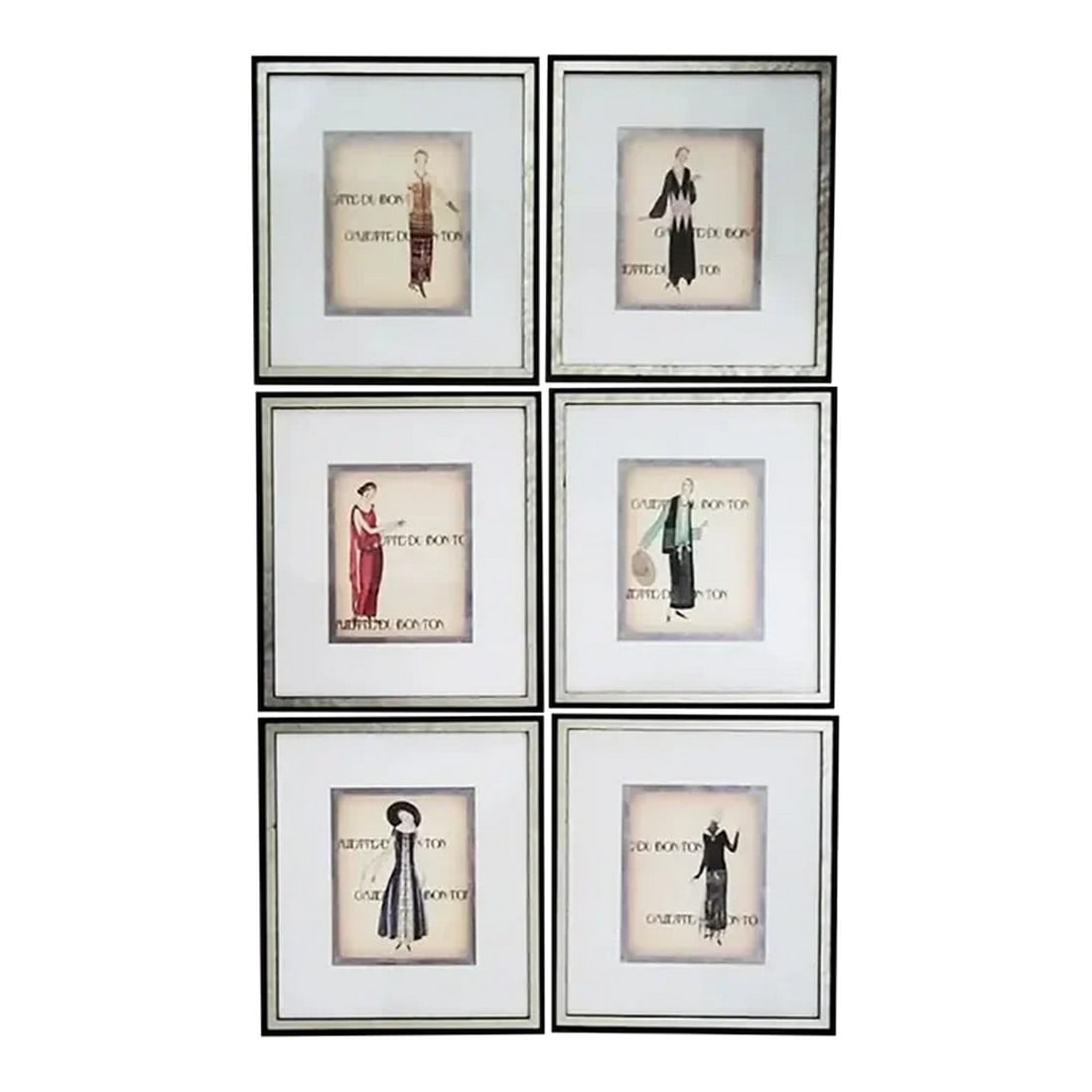 Set of 6 1920's French Fashion Framed Pictures Mop Frames - Gallery Wall: Whether you want to create a gallery wall or just spread these coordinating 1920's French fashion pictures around to different walls or different rooms, it's a great opportunity to find this very col