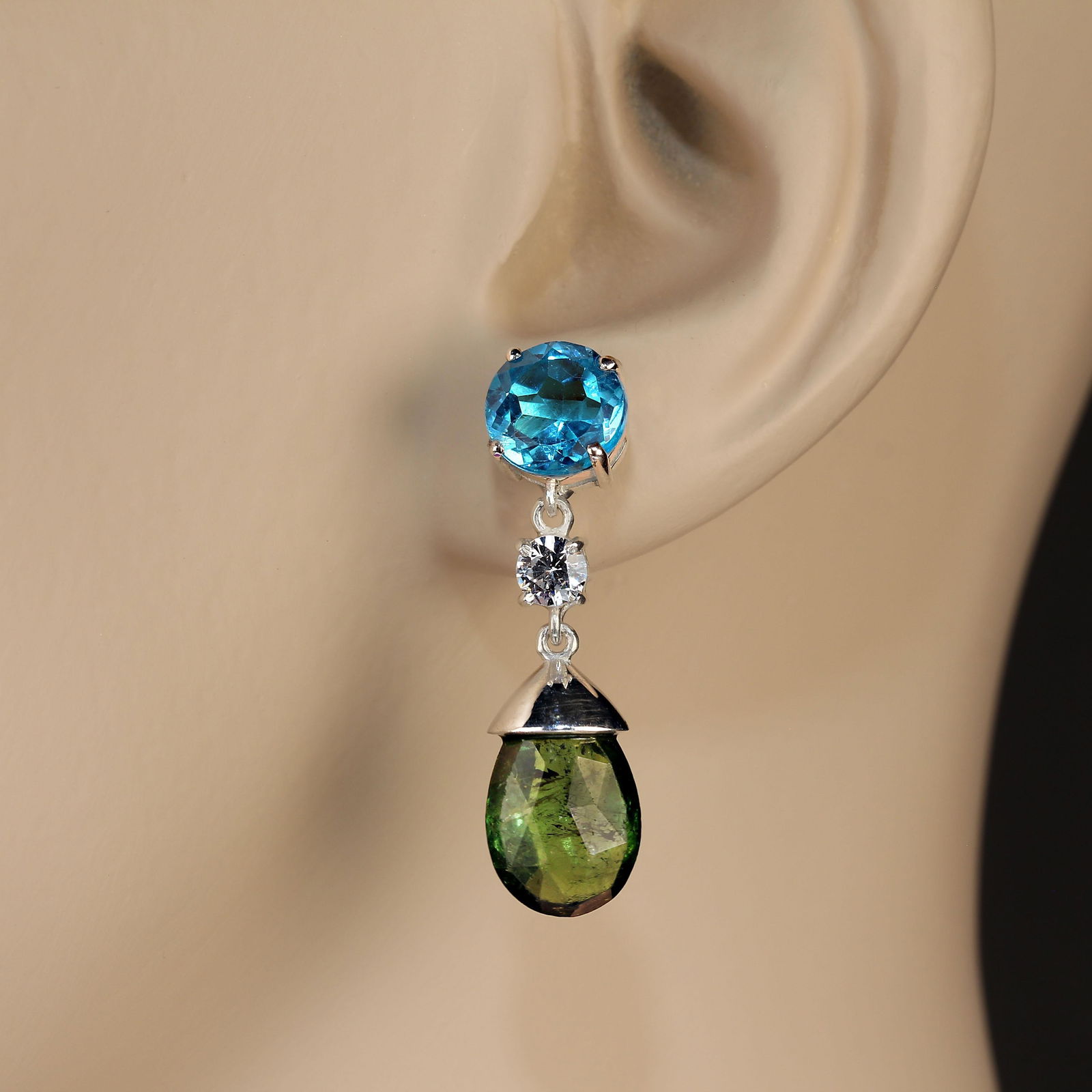 Sparkling Blue Topaz and Green Tourmaline Dangle Earrings - 2 Pieces - 2
