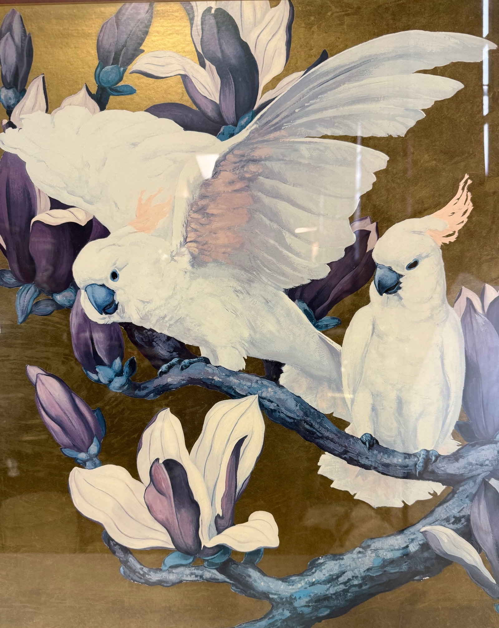 Vintage Palm Beach Regency Framed Cockatoos on Cup of Gold Vine Reproduction Print - 2