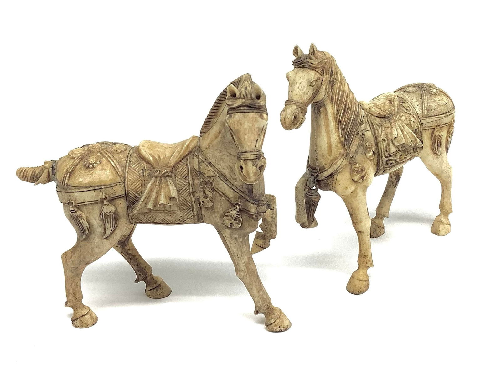 Tessellated Bone Hand Carved Tang Horses a Pair - 2