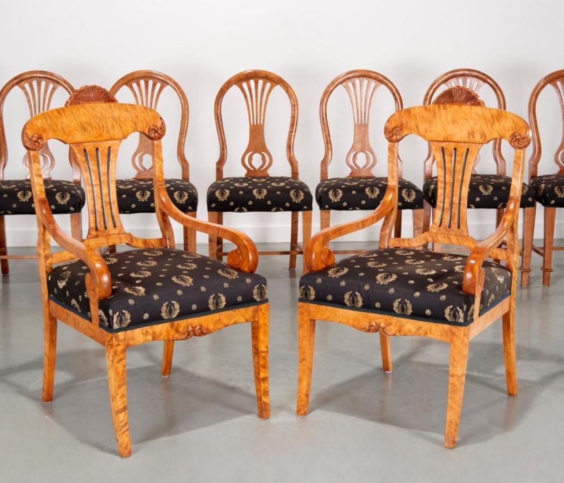 Early 20th Century Biedermeier Style Dining Chairs With Black Upholstery Embroidered in Gold Thread- - 2