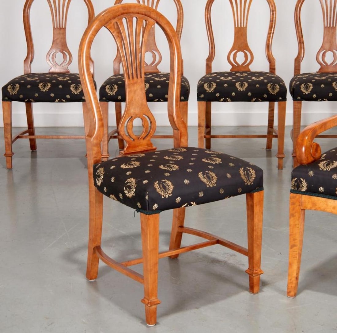 Early 20th Century Biedermeier Style Dining Chairs With Black Upholstery Embroidered in Gold Thread- - 5