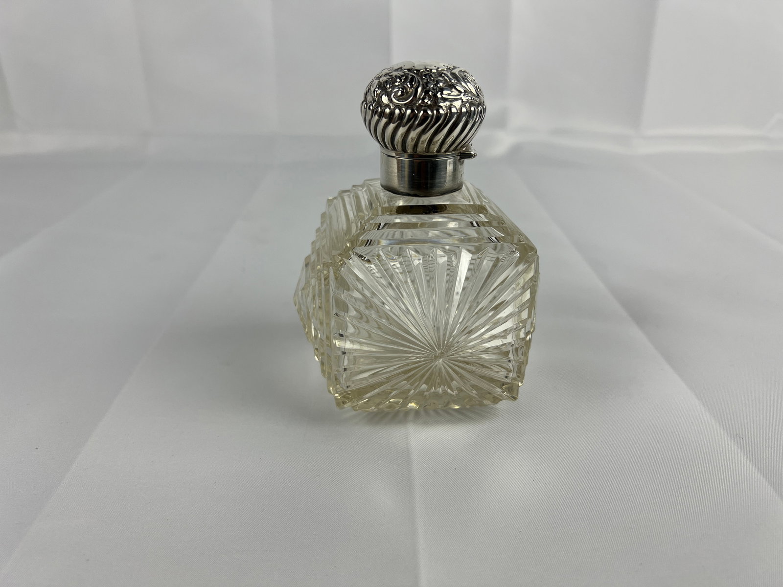 Unusual British Sterling Silver & Cut Glass Repousse Perfume Bottle - 8