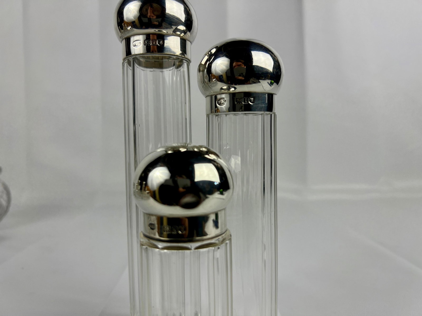3 Pc, Henry Greaves "Clamamus Abba Pater" Sterling Silver & Crystal Dresser Jars - 3