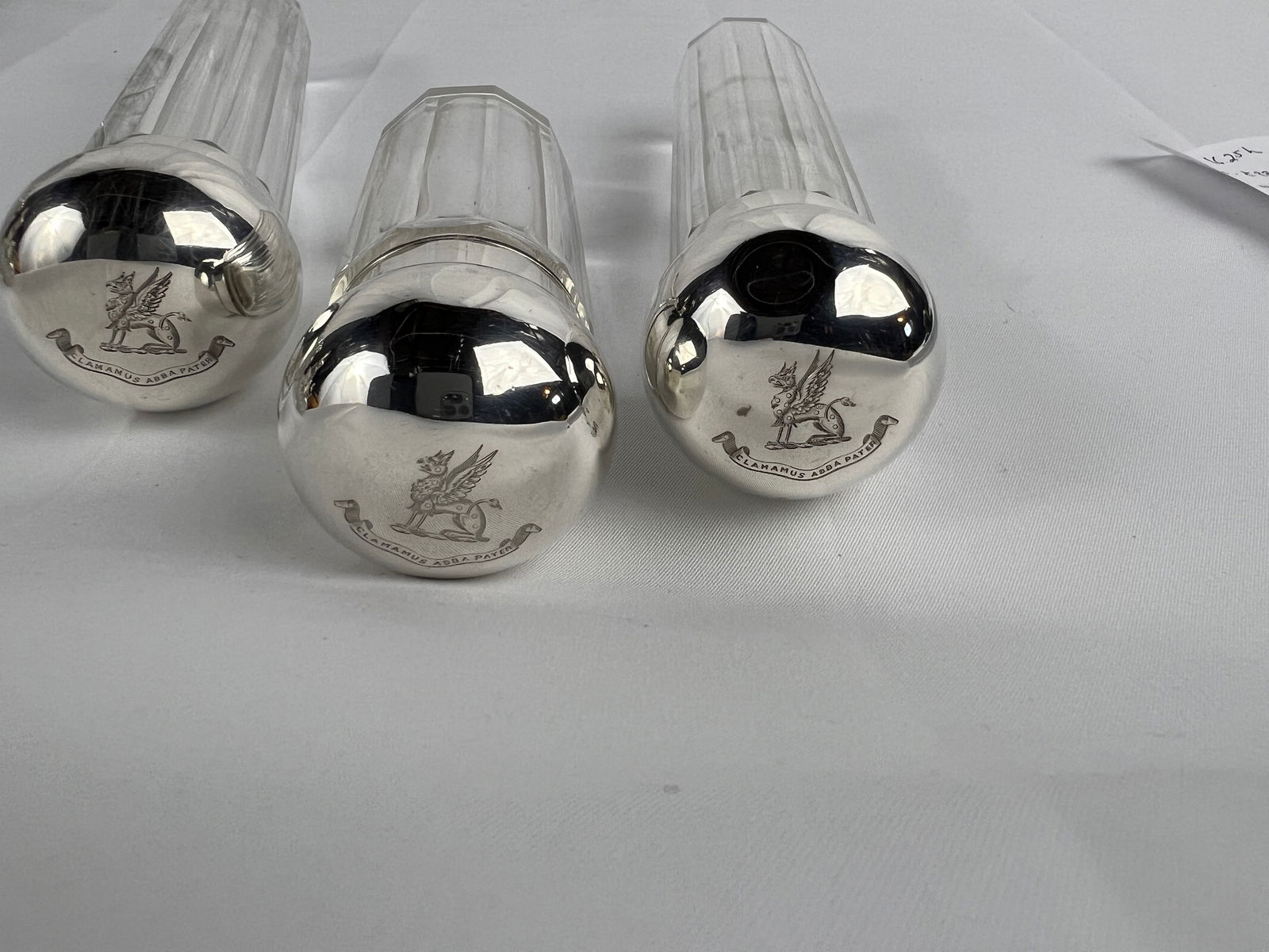 3 Pc, Henry Greaves "Clamamus Abba Pater" Sterling Silver & Crystal Dresser Jars - 7