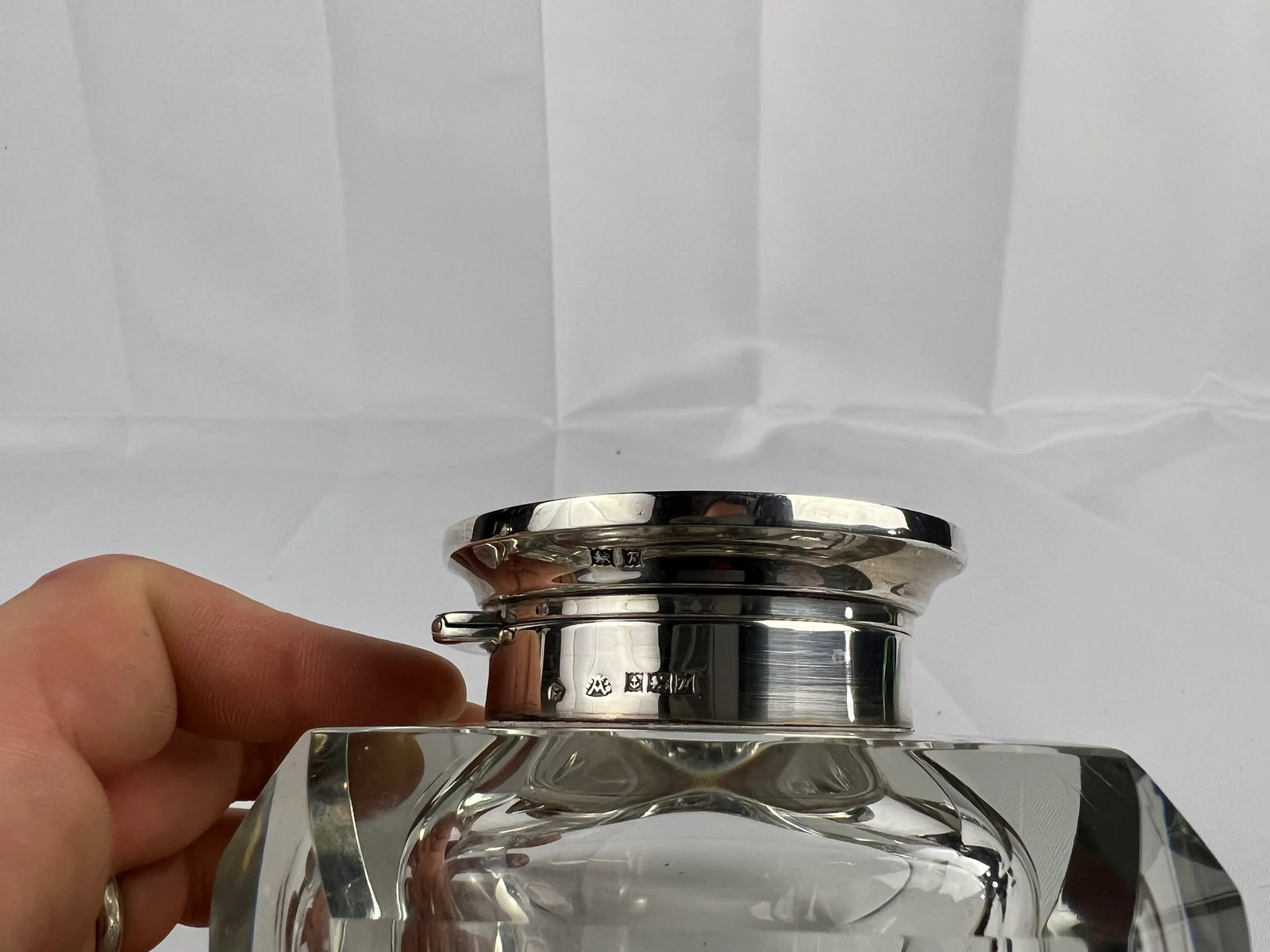 Adie Brothers Ltd, Sterling Silver & Crystal Vanity Jar or Inkwell C. 1955 - 7