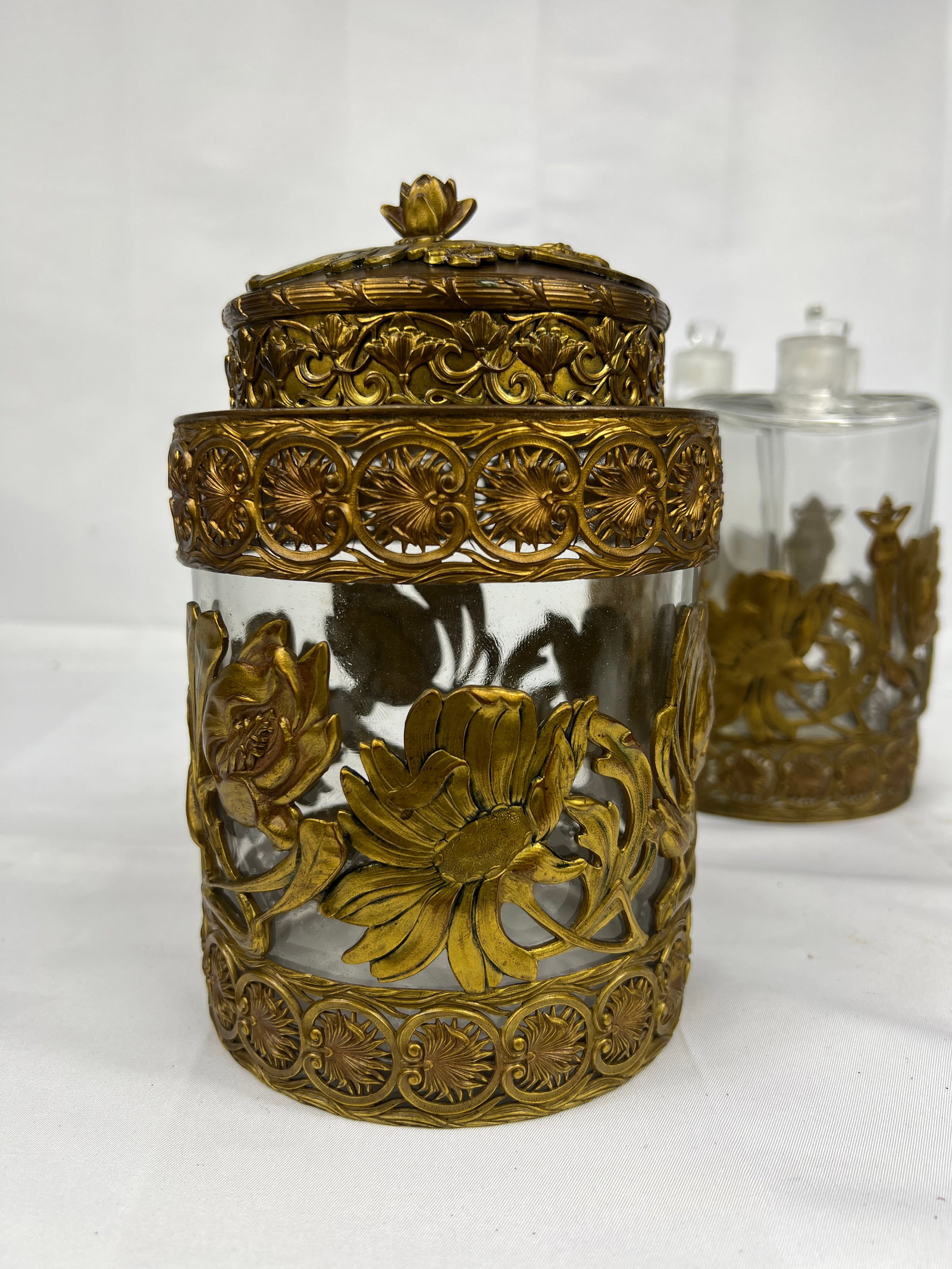 Fine Gentleman's Gilt Bronze Liquor and Cigar Set Art Nouveau Period C. 1900 - 12