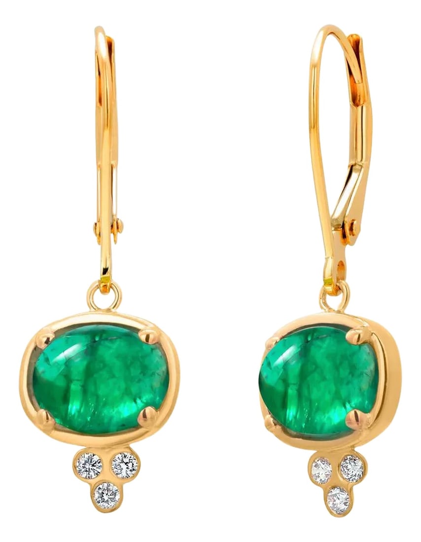14k Yellow Gold Colombian Cabochon Emerald and Diamond Lever Back Hoop Earrings - 2 Pieces: A Timeless Union of Color, Craftsmanship, and Elegance Immerse yourself in the rich hues and refined glamour of these 14K Yellow Gold Colombian Emerald and Diamond Lever-Back Hoop Earrings. Each eleme