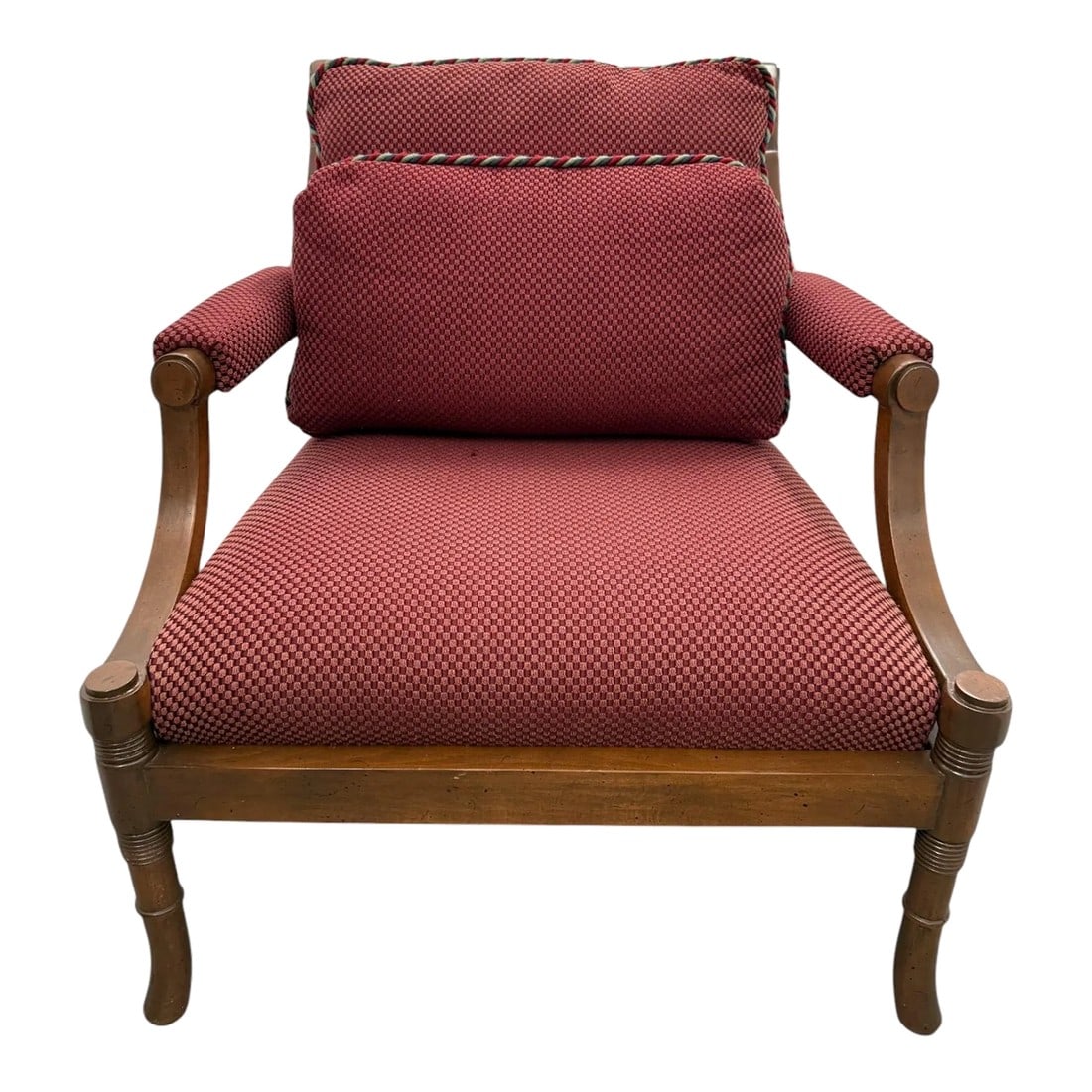 Late 20th Century Oversized Red Armchair: Quick Hits: - Late 20th-Century Oversized Red Armchair - Bold red upholstery with a textured, checkered pattern - Sturdy wood frame with classic detailing - Includes a matching pillow - Removable