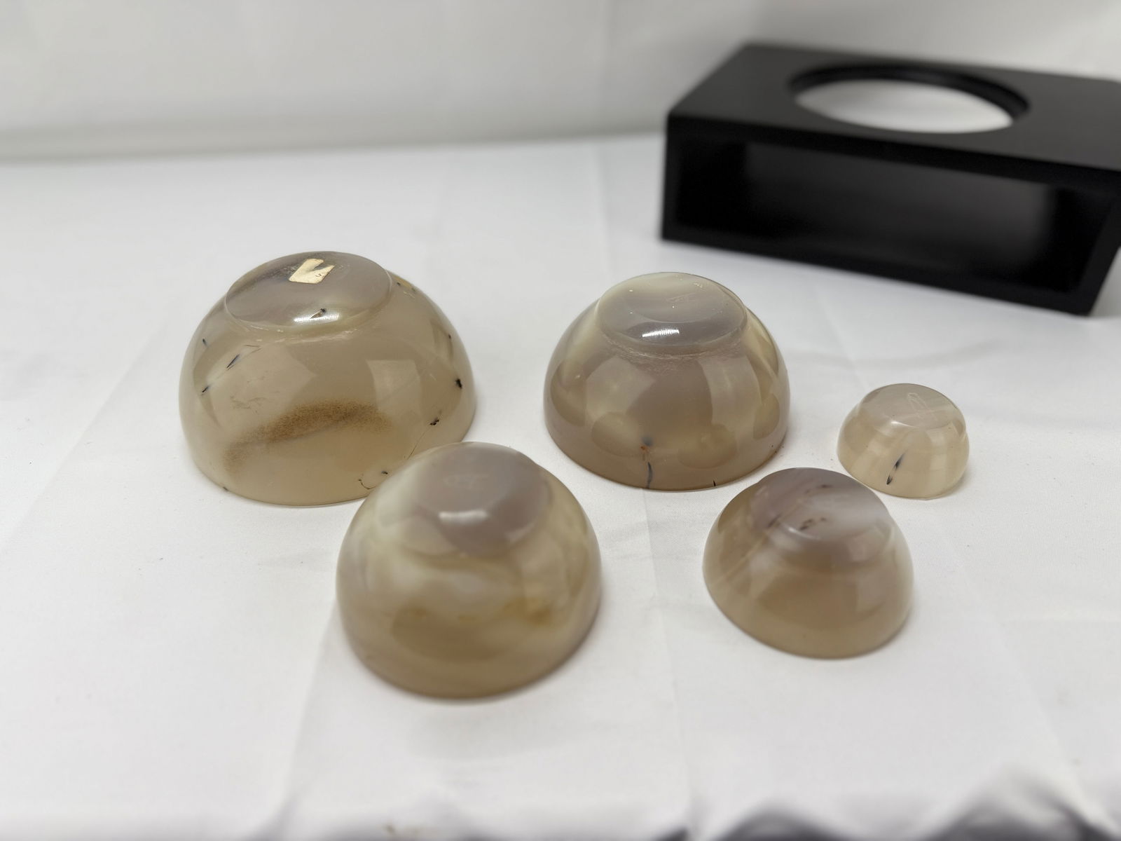 Nesting Set of 5 Carved Agate Bowls & Display - Artisan Signed - 2