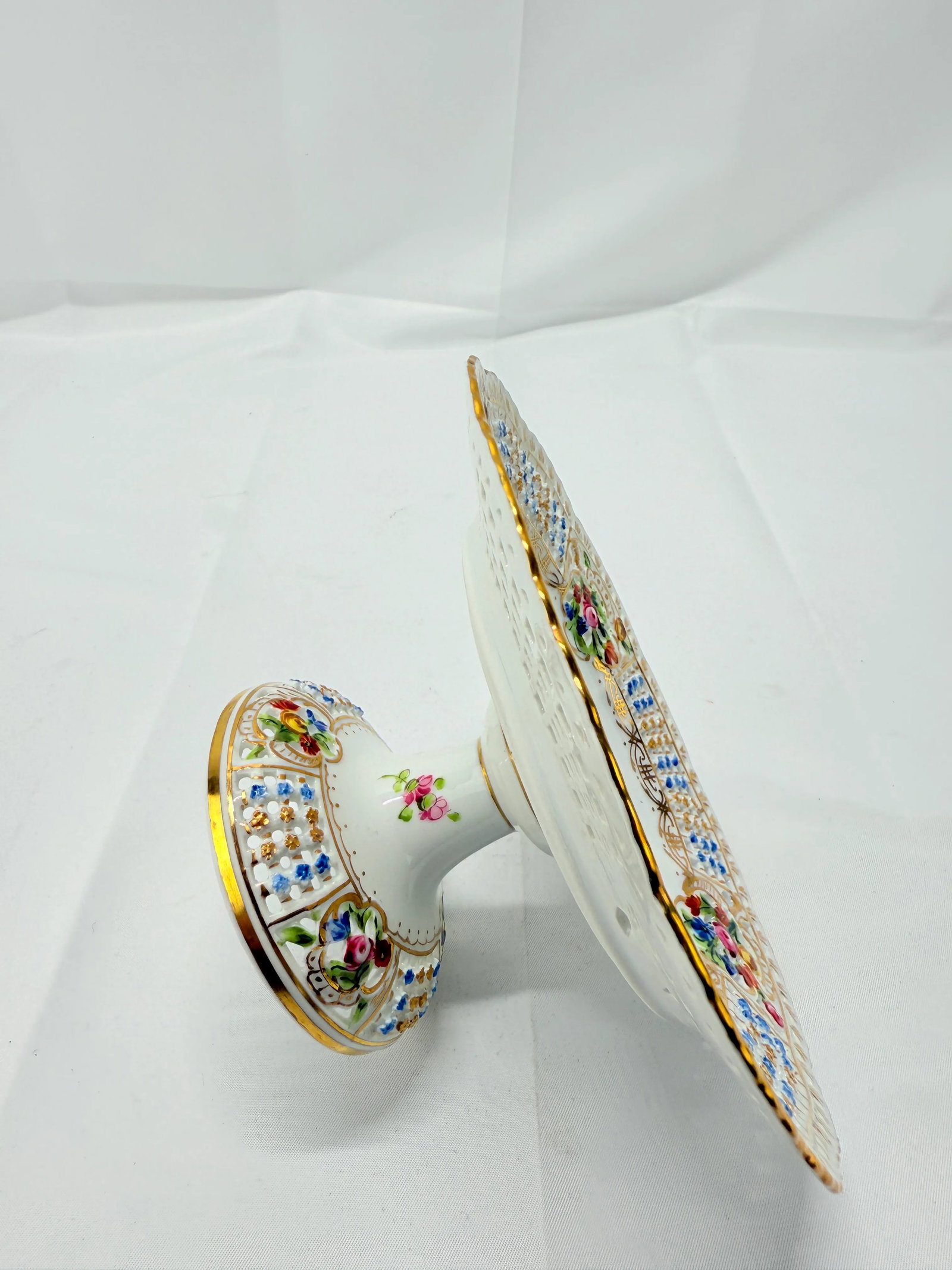 Antique Dresden Floral Encrusted & Pierced Porcelain Compote - 5