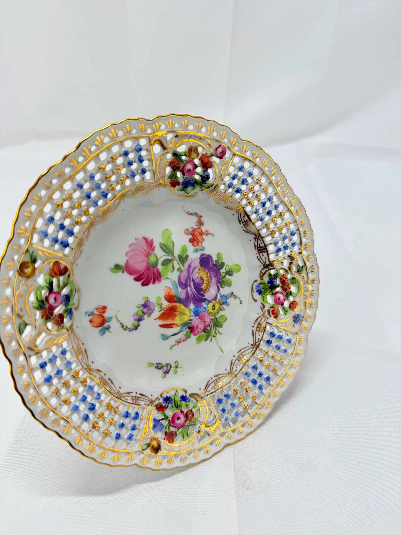 Antique Dresden Floral Encrusted & Pierced Porcelain Compote - 6