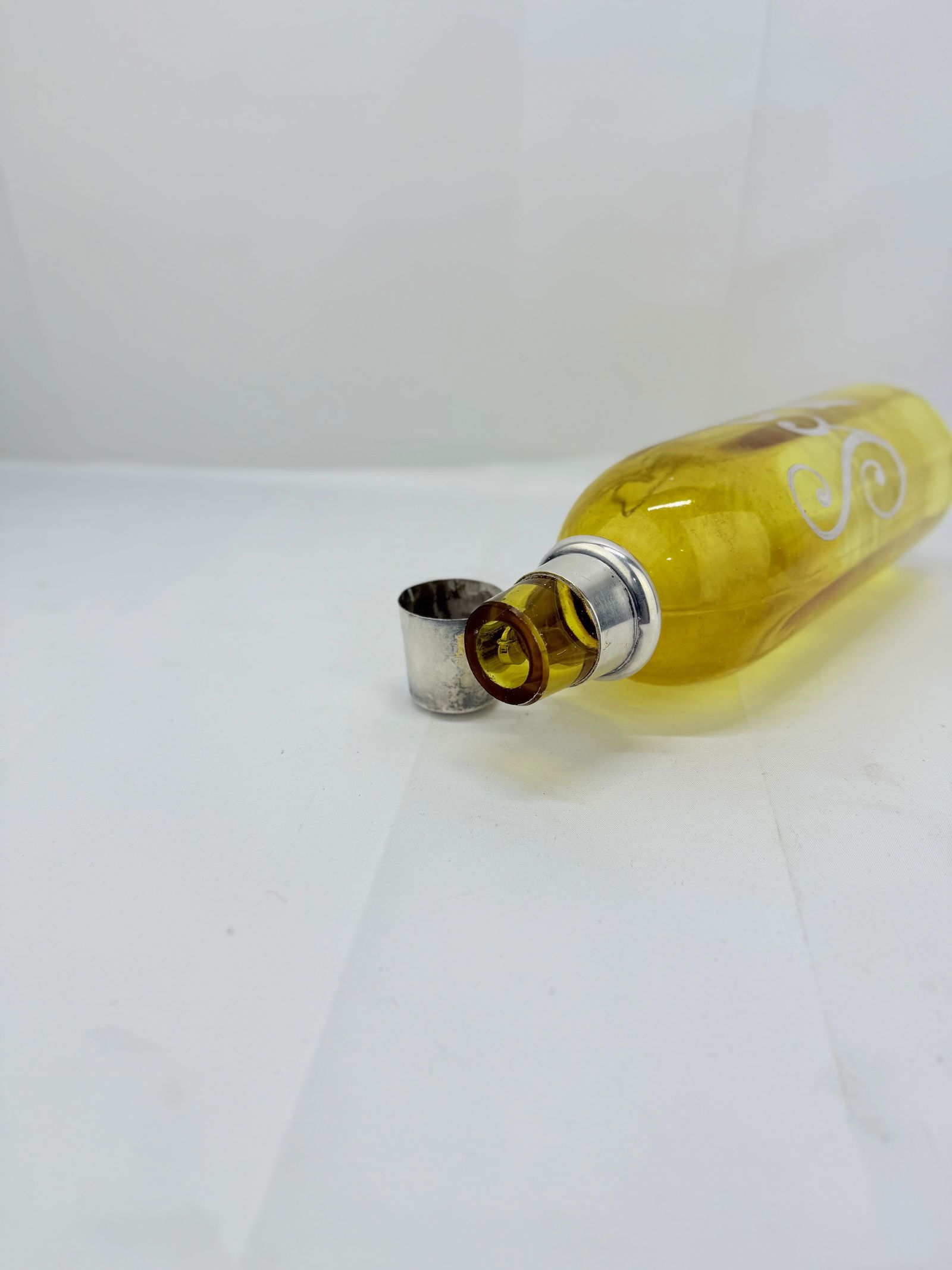 Antique Silver Overlay "Scotch" Bottle W/ Locking Mechanism & Shot Glass - 7