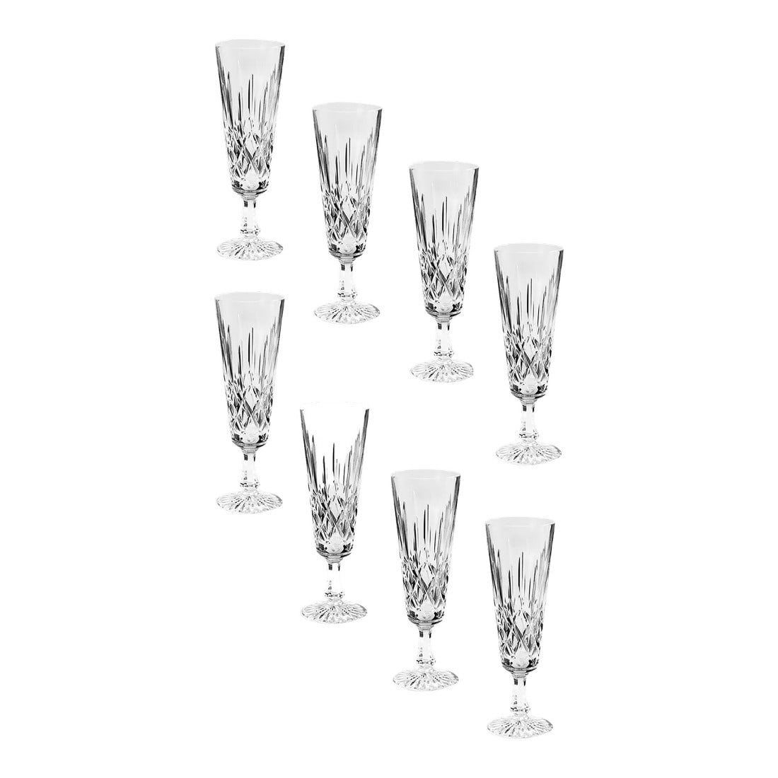 Stuart Glendevon Pattern Champagne Flutes Lead Crystal Hand Blown - Set of 8: Rare vintage set of 8 signed Stuart Glendevon lead crystal fluted champagne glasses, hand blown, discontinued, excellent condition. Stuart Crystal is notable for supplying glass to shipping liners, in