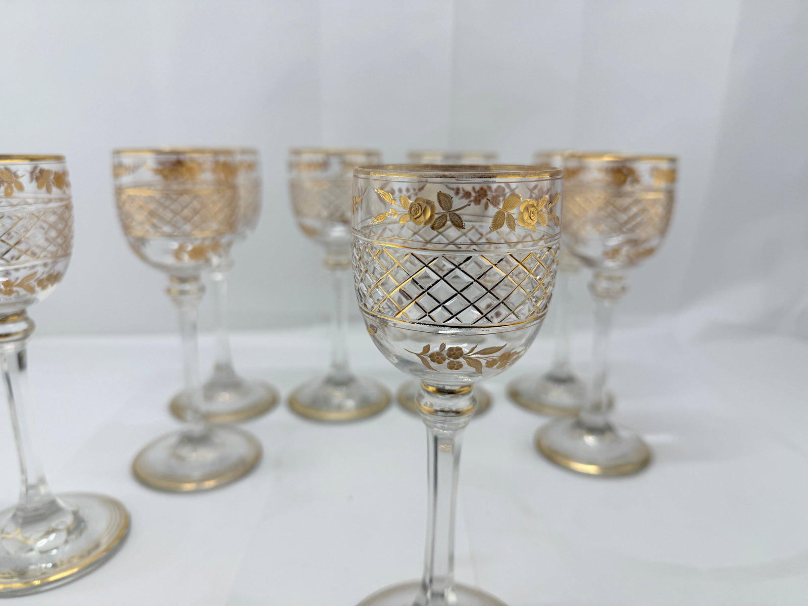 Set of 8, French Foliate Gilt Crystal Wine Goblets Style of Val St. Lambert - 3