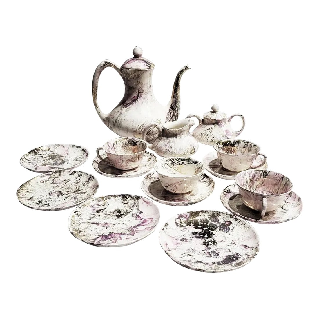 Mid-Century Sascha Brastoff Surf Ballet Pink & Gold Breakfast Set - 15 Pieces: Mid-Century Sascha Brastoff Surf Ballet Pink & Gold Breakfast Set - 15 Pieces include 1 coffee server holds 11 cups, 1 sugar, 1 creamer, 4 cups, 4 saucers, 4 6" plates. Sascha Brastoff (1917-1993) was