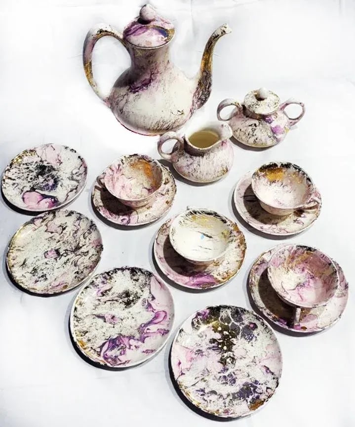 Mid-Century Sascha Brastoff Surf Ballet Pink & Gold Breakfast Set - 15 Pieces - 3