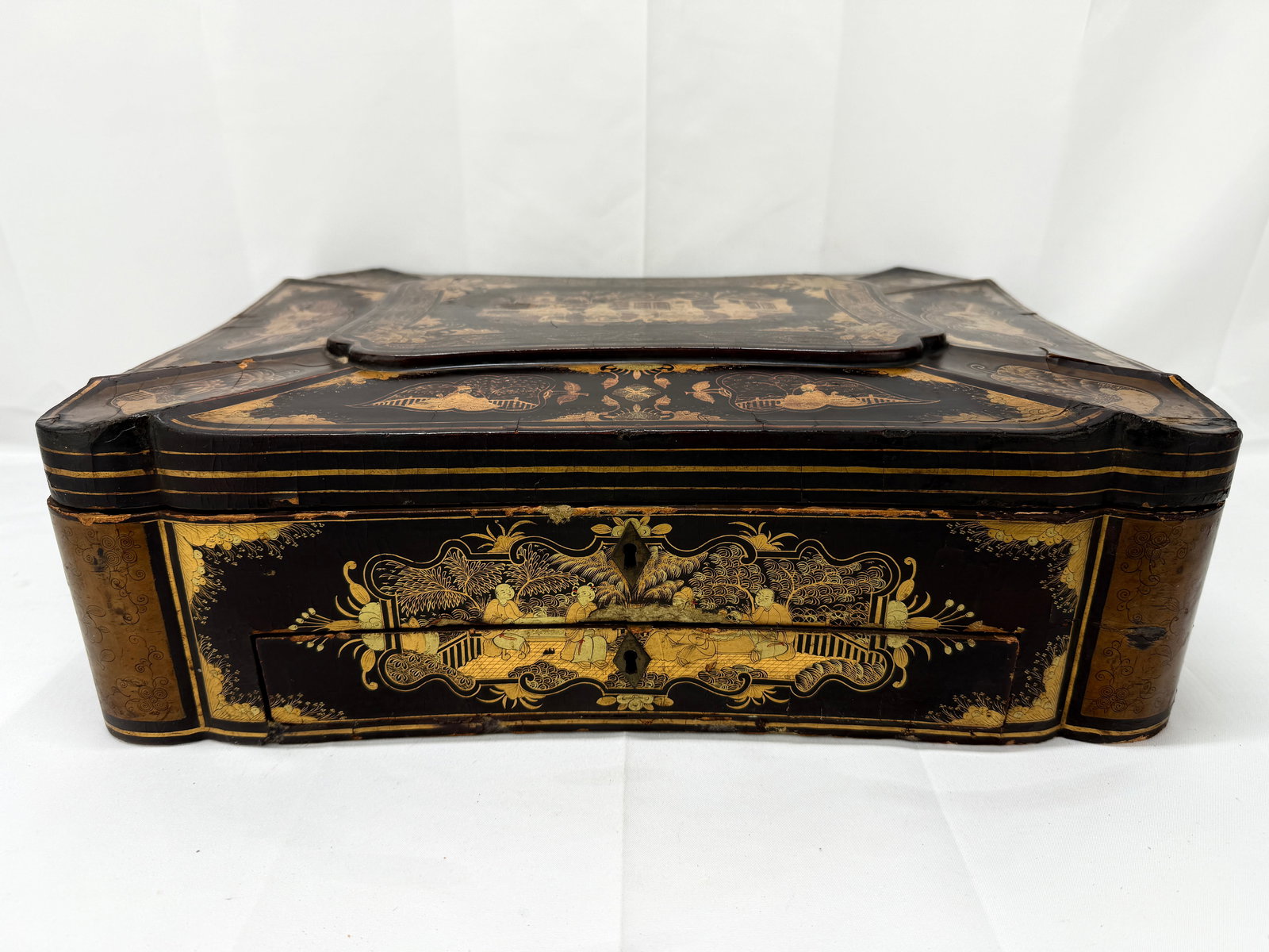 Large Chinese Export Black Lacquer & Gilt Decorated Sewing Box C. 1860 - 10