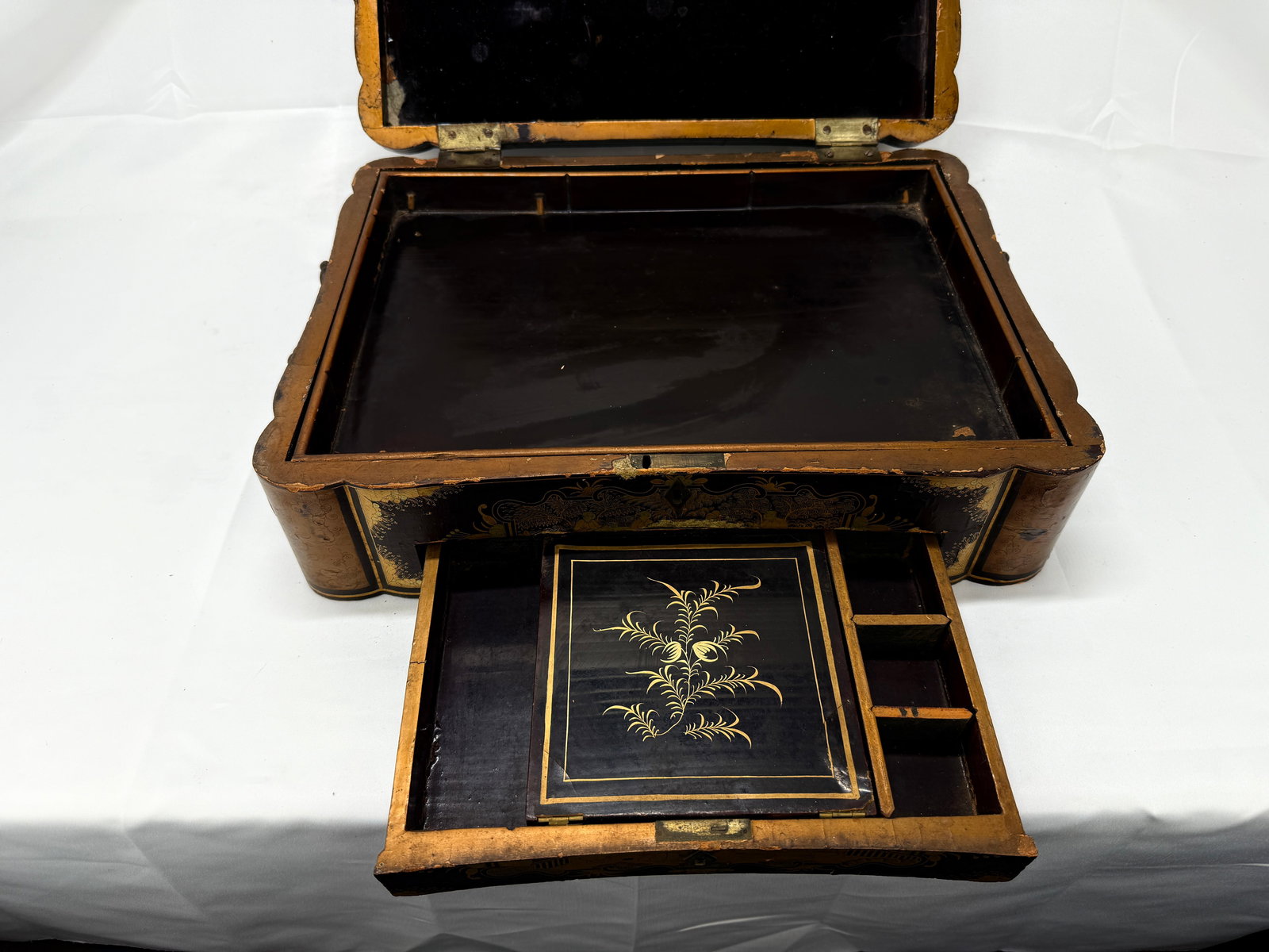 Large Chinese Export Black Lacquer & Gilt Decorated Sewing Box C. 1860 - 5