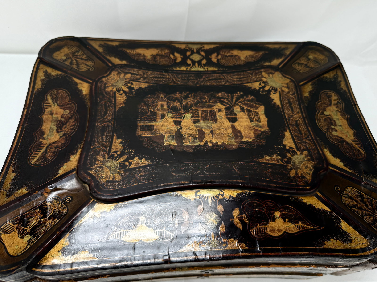 Large Chinese Export Black Lacquer & Gilt Decorated Sewing Box C. 1860 - 6