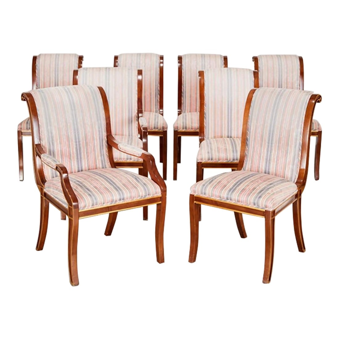 8 Baltic Empire Mahogany Dining Chairs 20th Century: 20th c., incl. (2) armchairs, (6) side chairs, parcel gilt mahogany frame with scrolling back rail, padded seat and back upholstered in a striped damask silk, 37"h x 22.5"w x 28"d (captain's), 37"h x