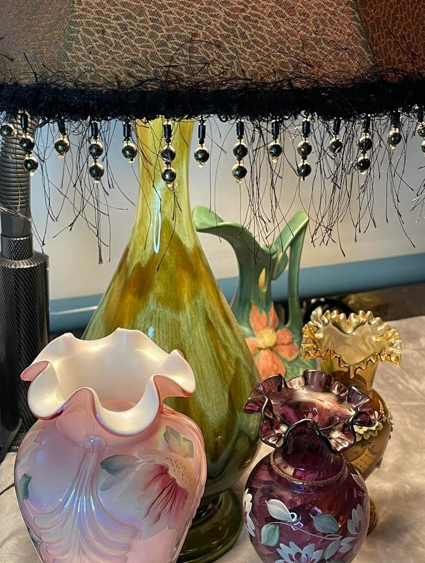 1990s Fenton Museum Collection Ruffle Top Hand Painted Pink Dusty Rose Opalescent Floral Vase - 11