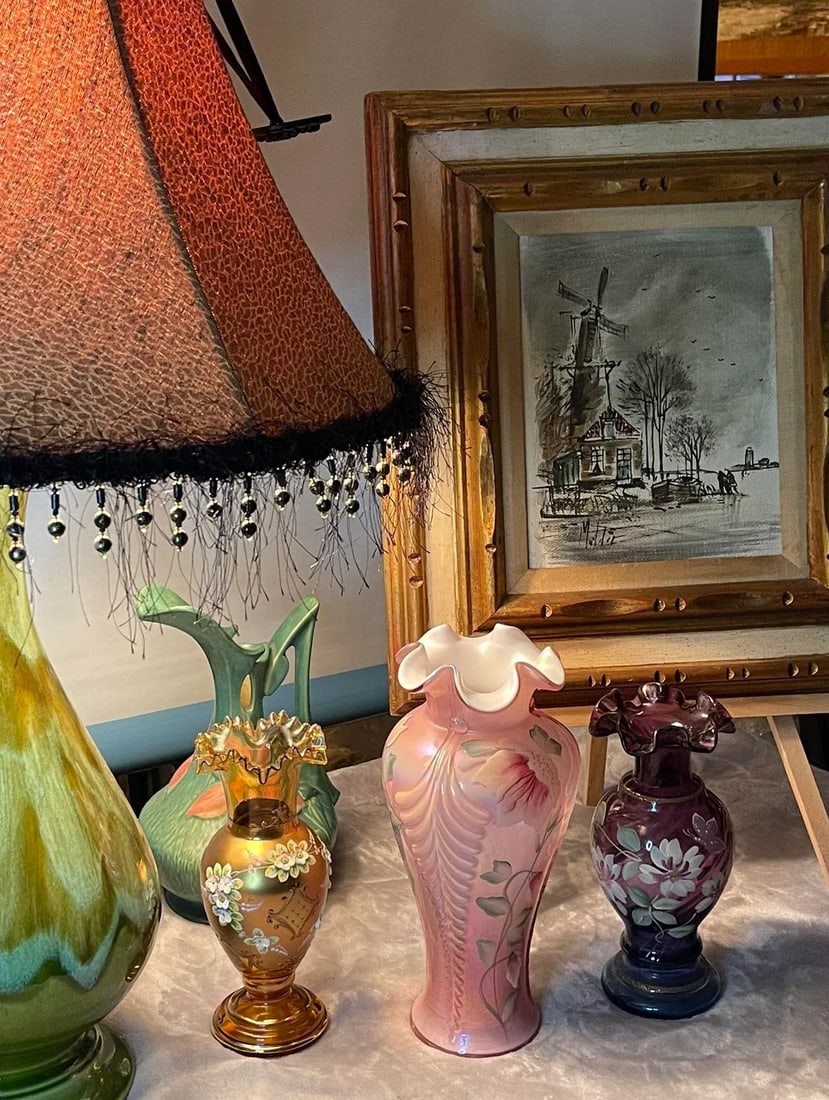 1990s Fenton Museum Collection Ruffle Top Hand Painted Pink Dusty Rose Opalescent Floral Vase - 12