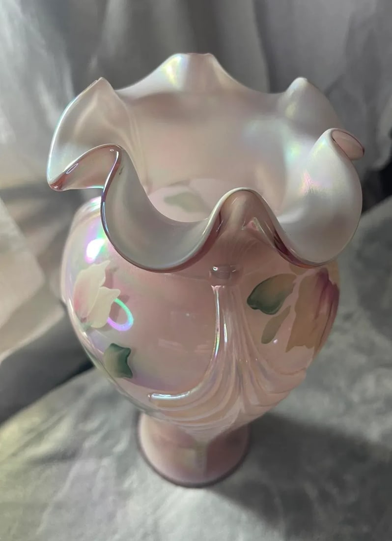 1990s Fenton Museum Collection Ruffle Top Hand Painted Pink Dusty Rose Opalescent Floral Vase - 5