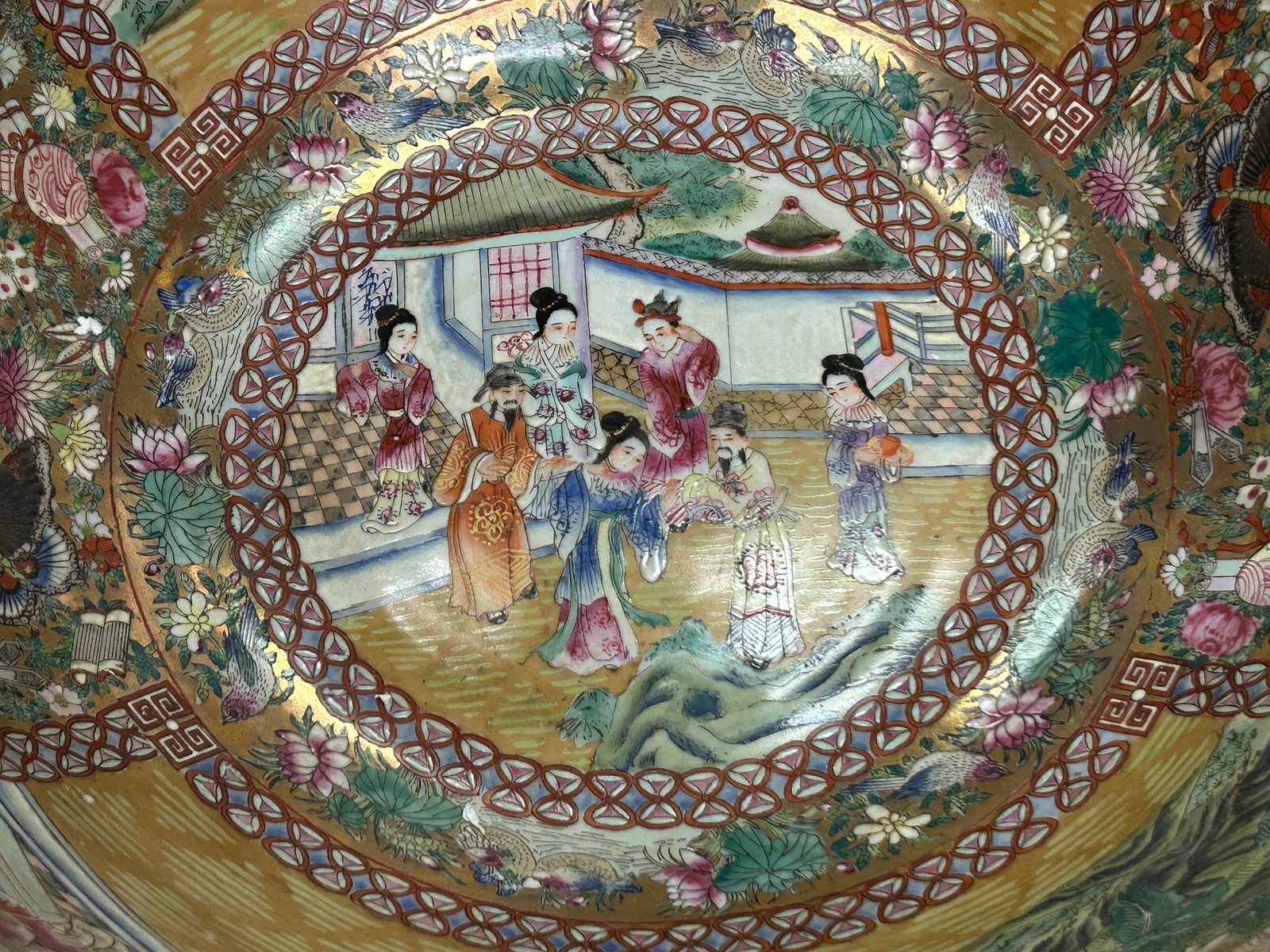 Vintage Chinese Famille Rose People House Graphic Large Porcelain Bowl Pot - 10