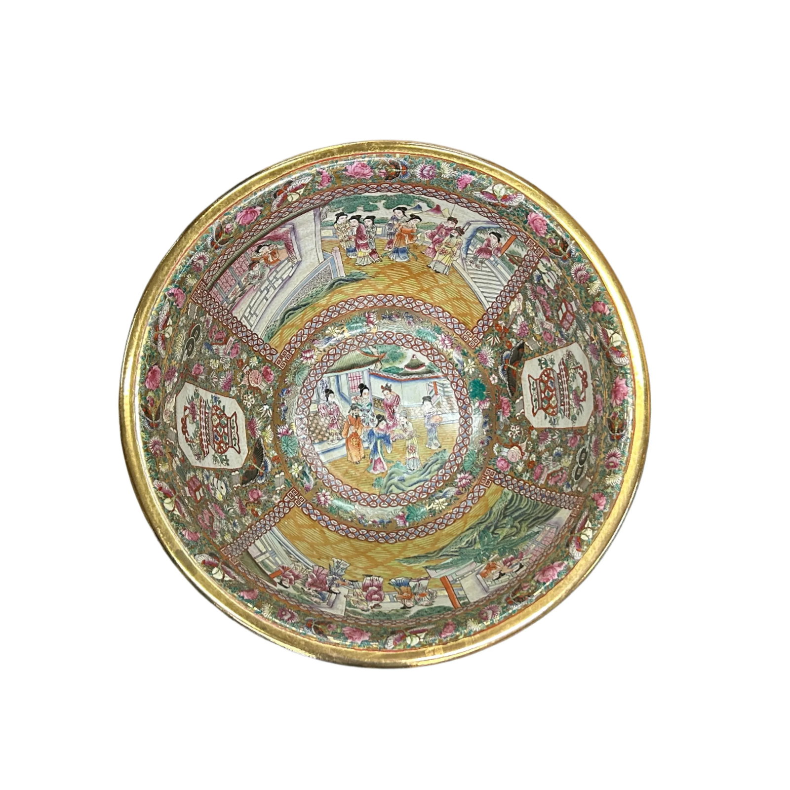 Vintage Chinese Famille Rose People House Graphic Large Porcelain Bowl Pot - 9