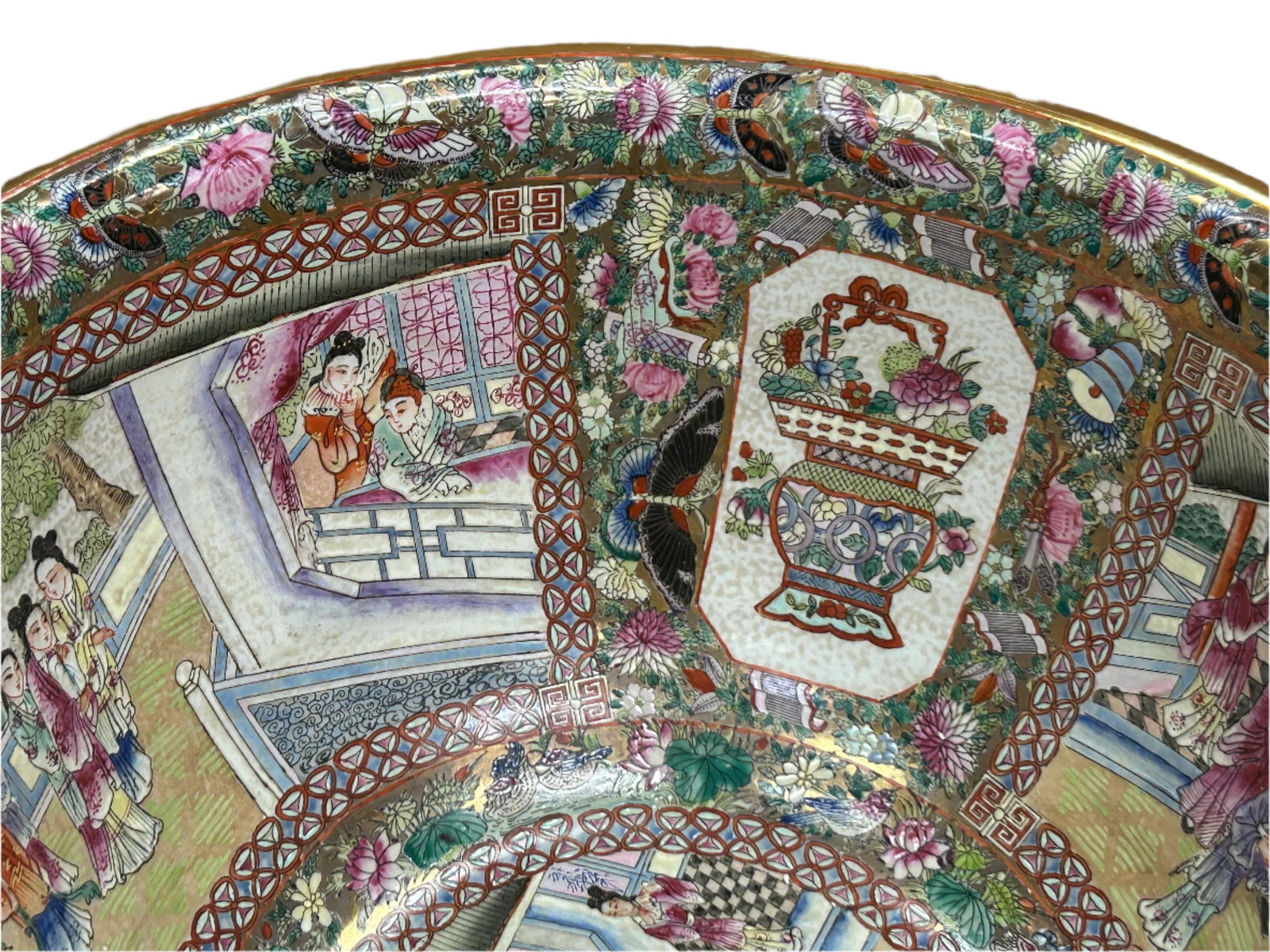 Vintage Chinese Famille Rose People House Graphic Large Porcelain Bowl Pot - 10