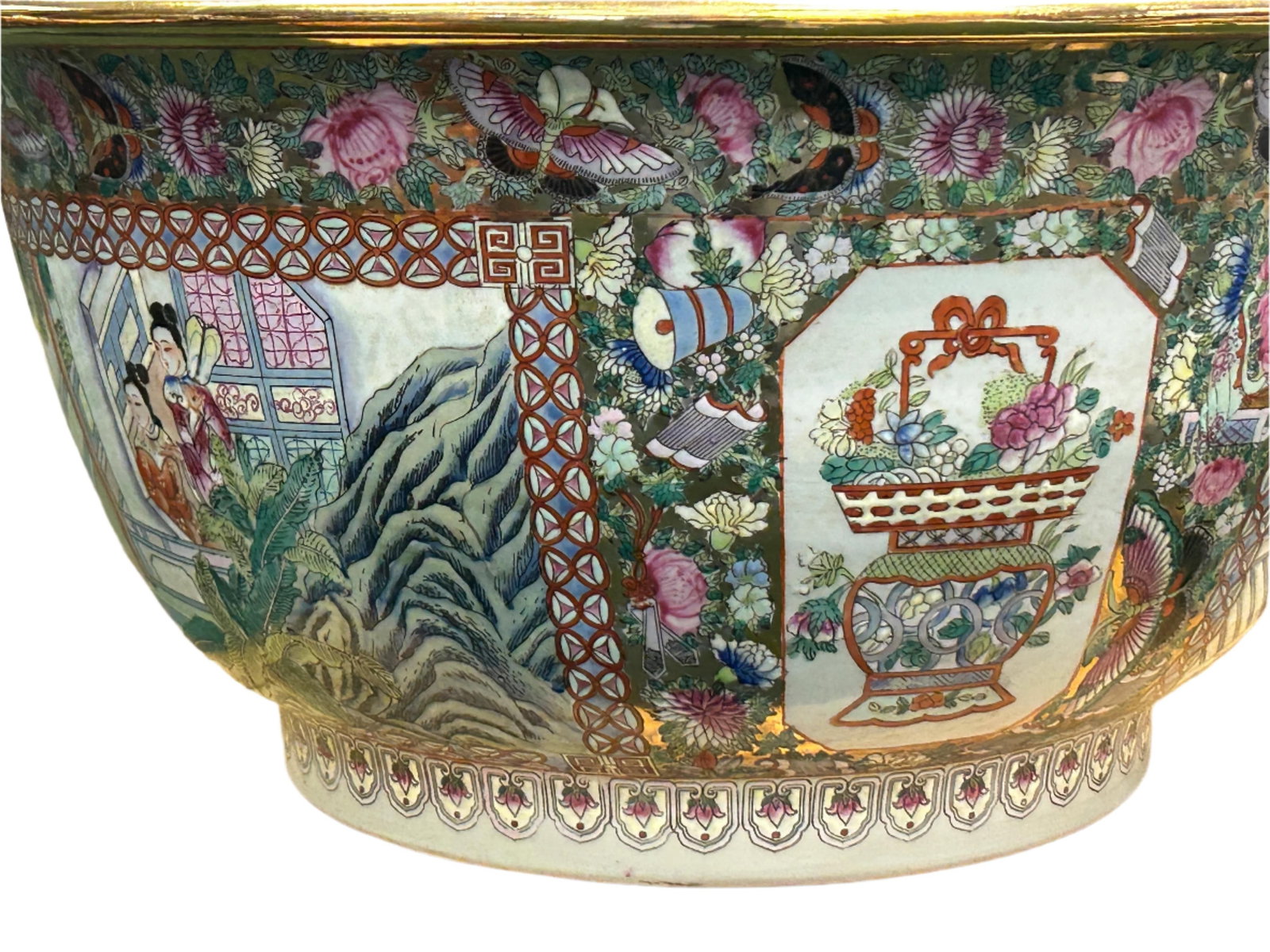 Vintage Chinese Famille Rose People House Graphic Large Porcelain Bowl Pot - 11