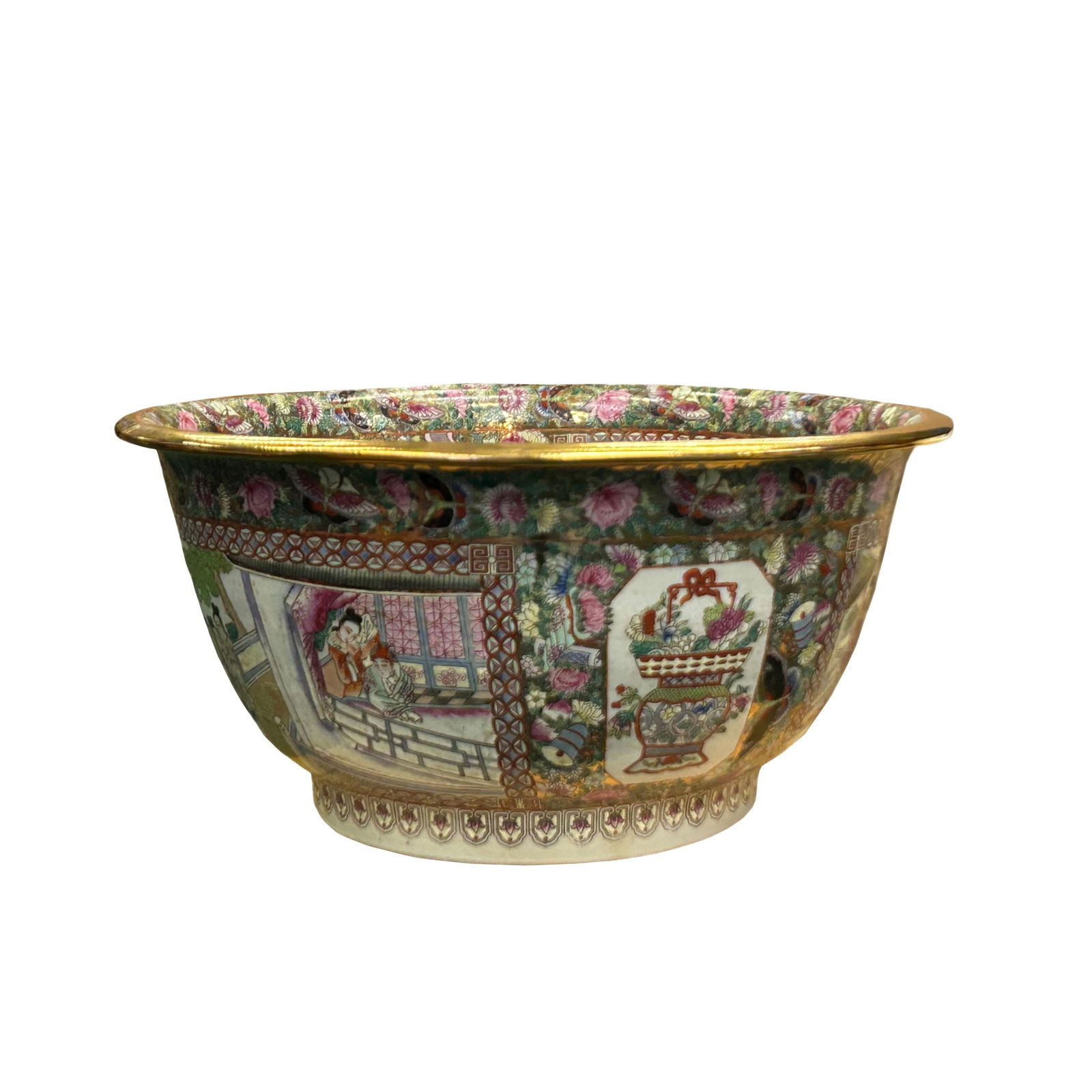 Vintage Chinese Famille Rose People House Graphic Large Porcelain Bowl Pot - 7