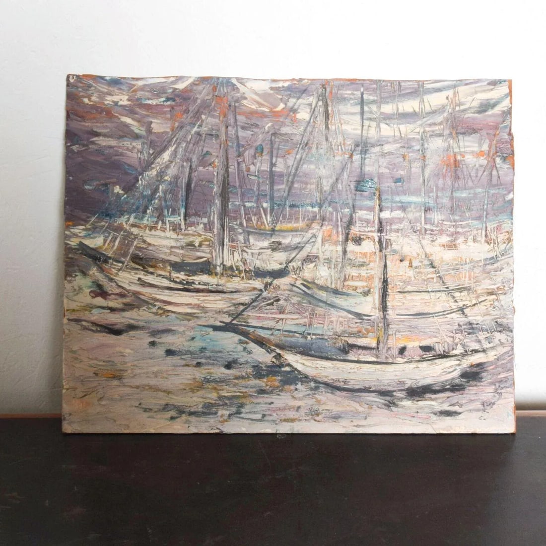 1970s Sgraffito Art Abstract Sail Boats Oil Canvas Modern - 8