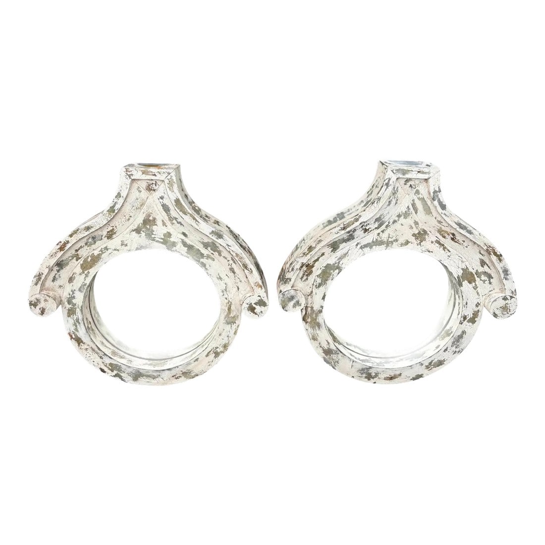 Pair of Guild Master Distressed Metal Framed Round Wall Mirrors: Quick Hits Pair of distressed wall mirrors Round beveled glass with arched crest frames Antique white metal mirrors with heavy patina French cottage, Gustavian, or rustic-inspired styling Statement pi