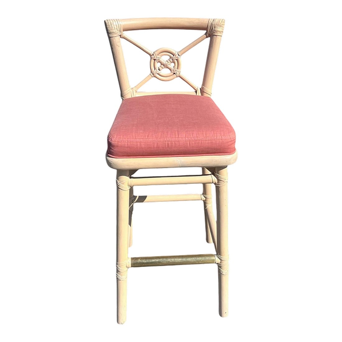 Mid 20th Century McGuire Modern Boho Chic Bamboo & Rattan Target Back Counter Bar Stool: McGuire iconic target back barstool. Organic modern featuring faux, rattan and bamboo construction. Strong legs and solid joinery and brass foot rest.Makers mark under the seat McGuire Furniture Compa