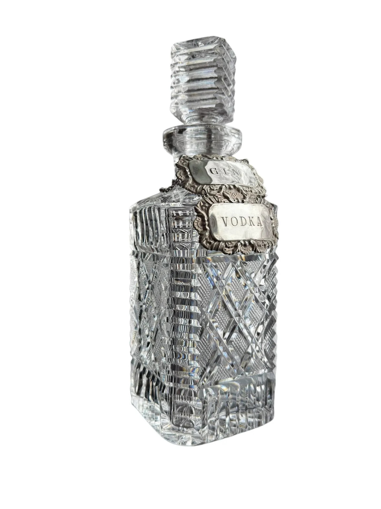 Vintage Vodka Gin Waterford Crystal Strawberry Square Master Cutter Spirits Decanter & Silver-Plate - 9