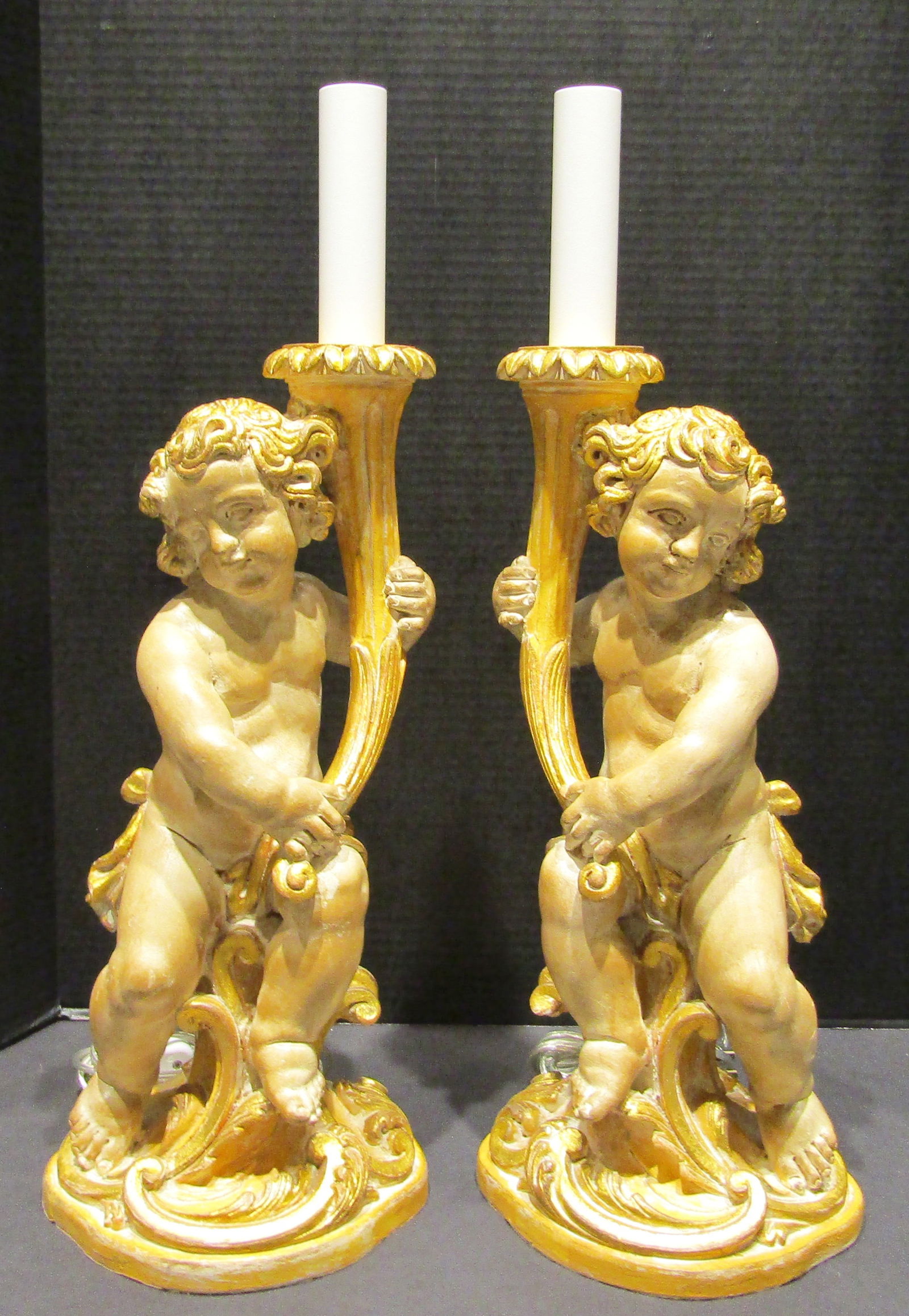 Pair of Italian Hand Carved Wood Cherub Putti Lamps Circa 1960s - 2