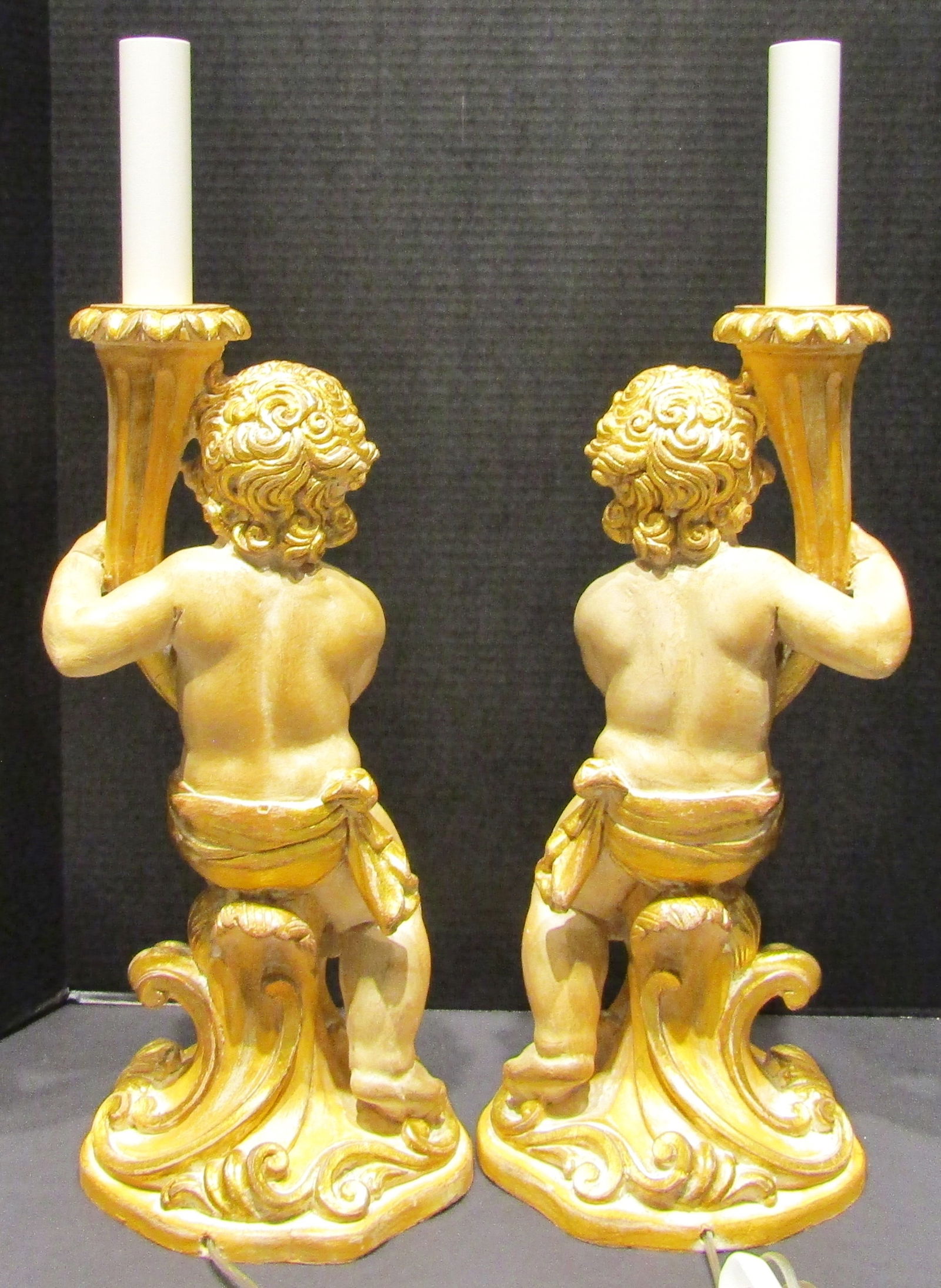 Pair of Italian Hand Carved Wood Cherub Putti Lamps Circa 1960s - 4