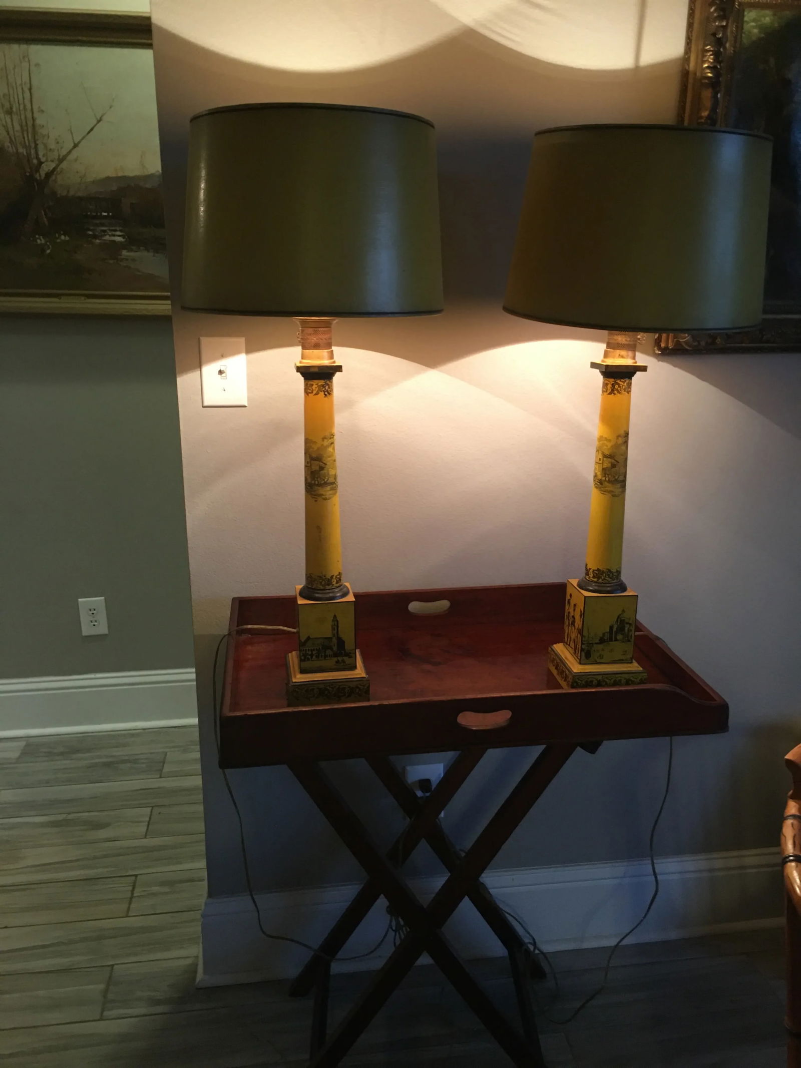 Pair of Antique Tole Lamps With Napoleon Transfer - 2