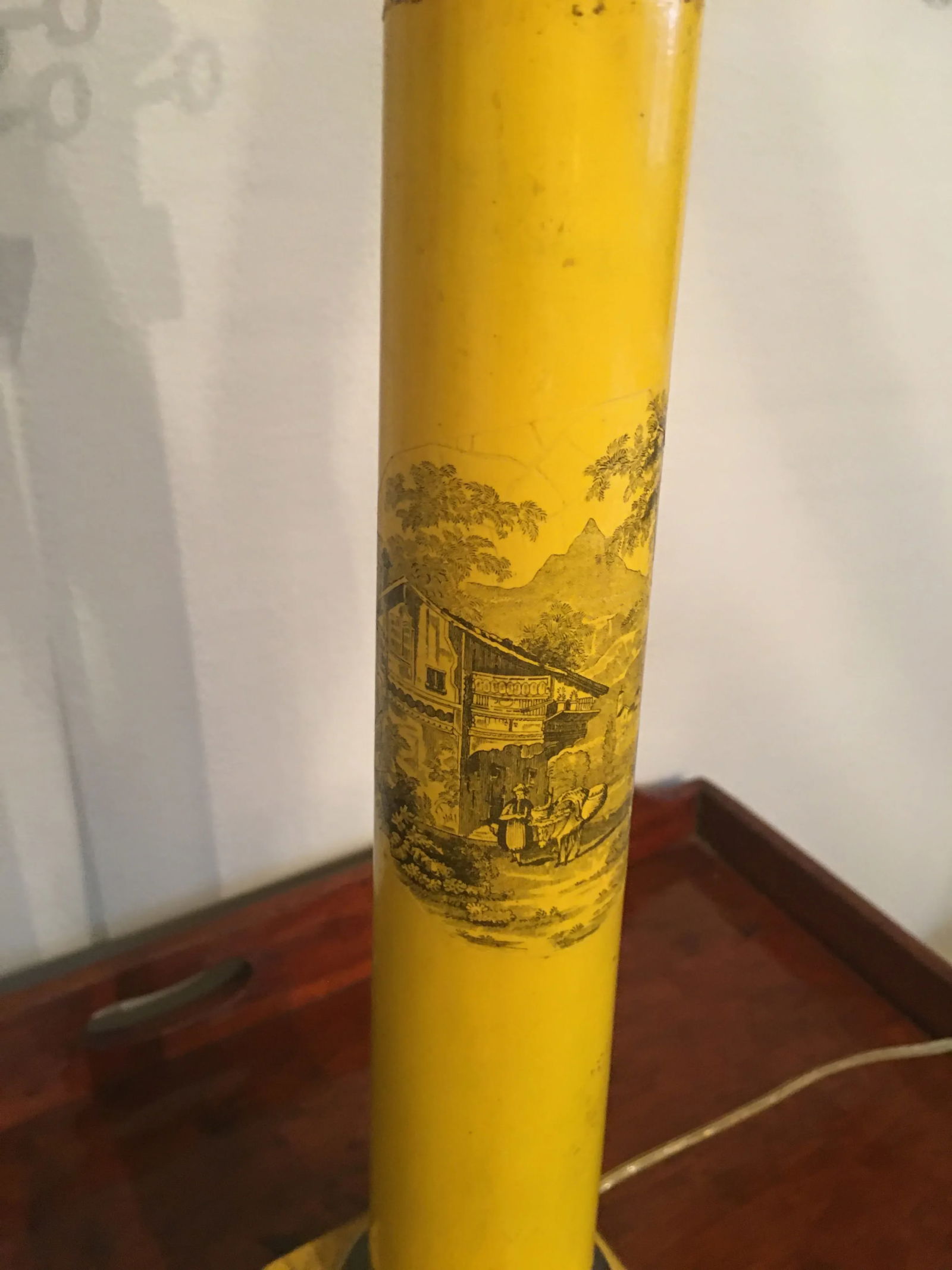 Pair of Antique Tole Lamps With Napoleon Transfer - 7