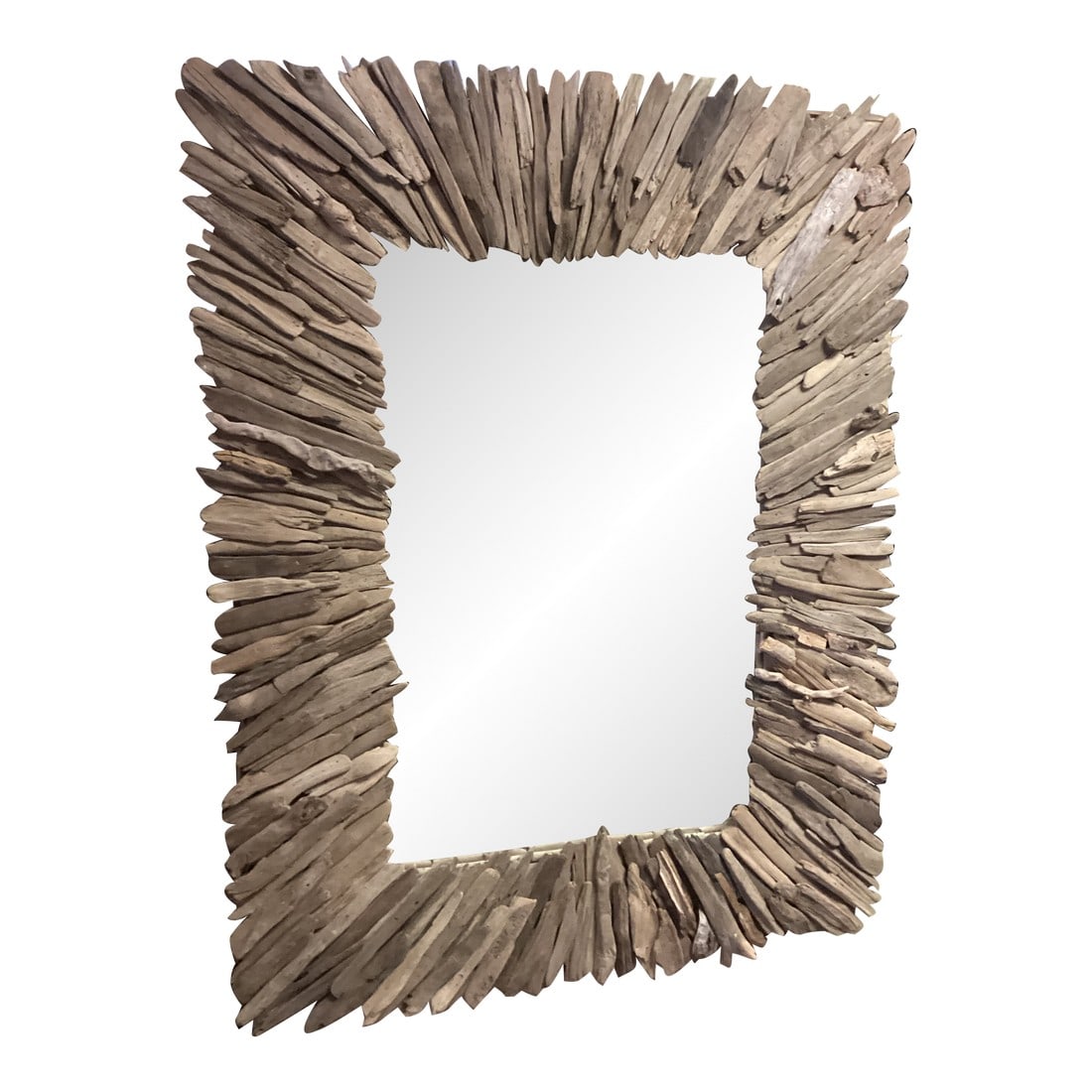 1960s Large Handcrafted Driftwood Mirror: This mirror is a work of art. Large heavy, vintage mirror made of solid wood that is adorned with pieces of driftwood. This is a great mirror to add to your cool beachy decor. Large 40' w x 52' h x 2.